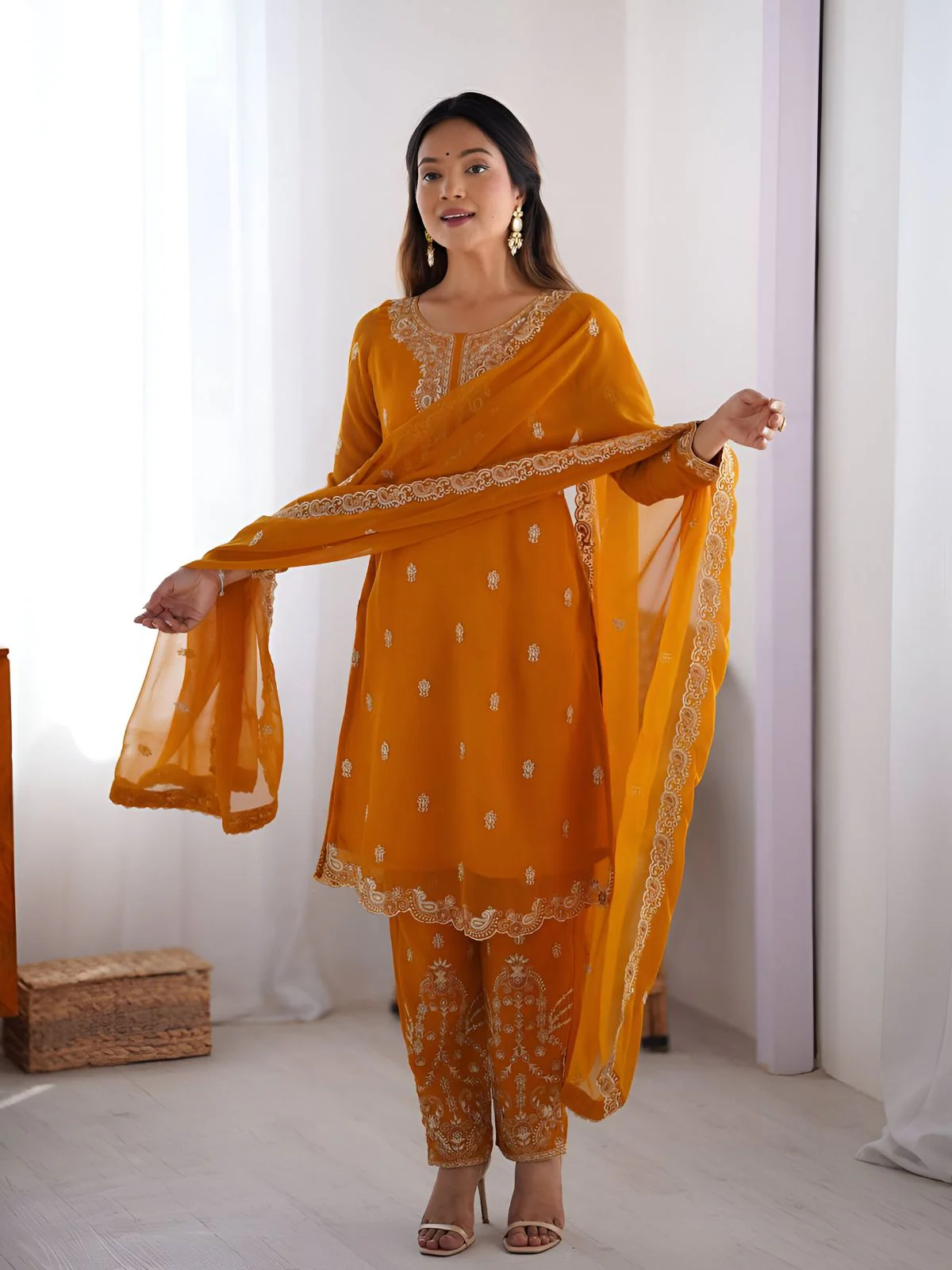 Odette Mustard Georgette Embroidered & Cutwork Kurta Set For Women