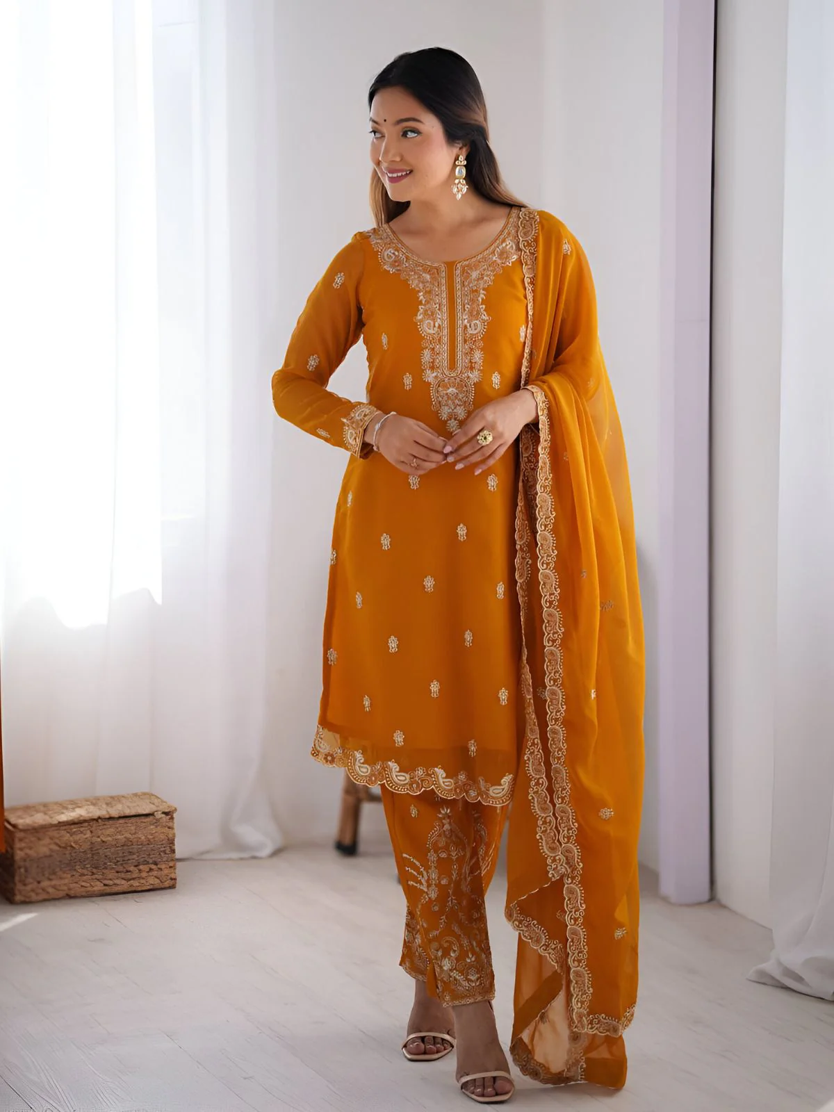Odette Mustard Georgette Embroidered & Cutwork Kurta Set For Women - Image 2