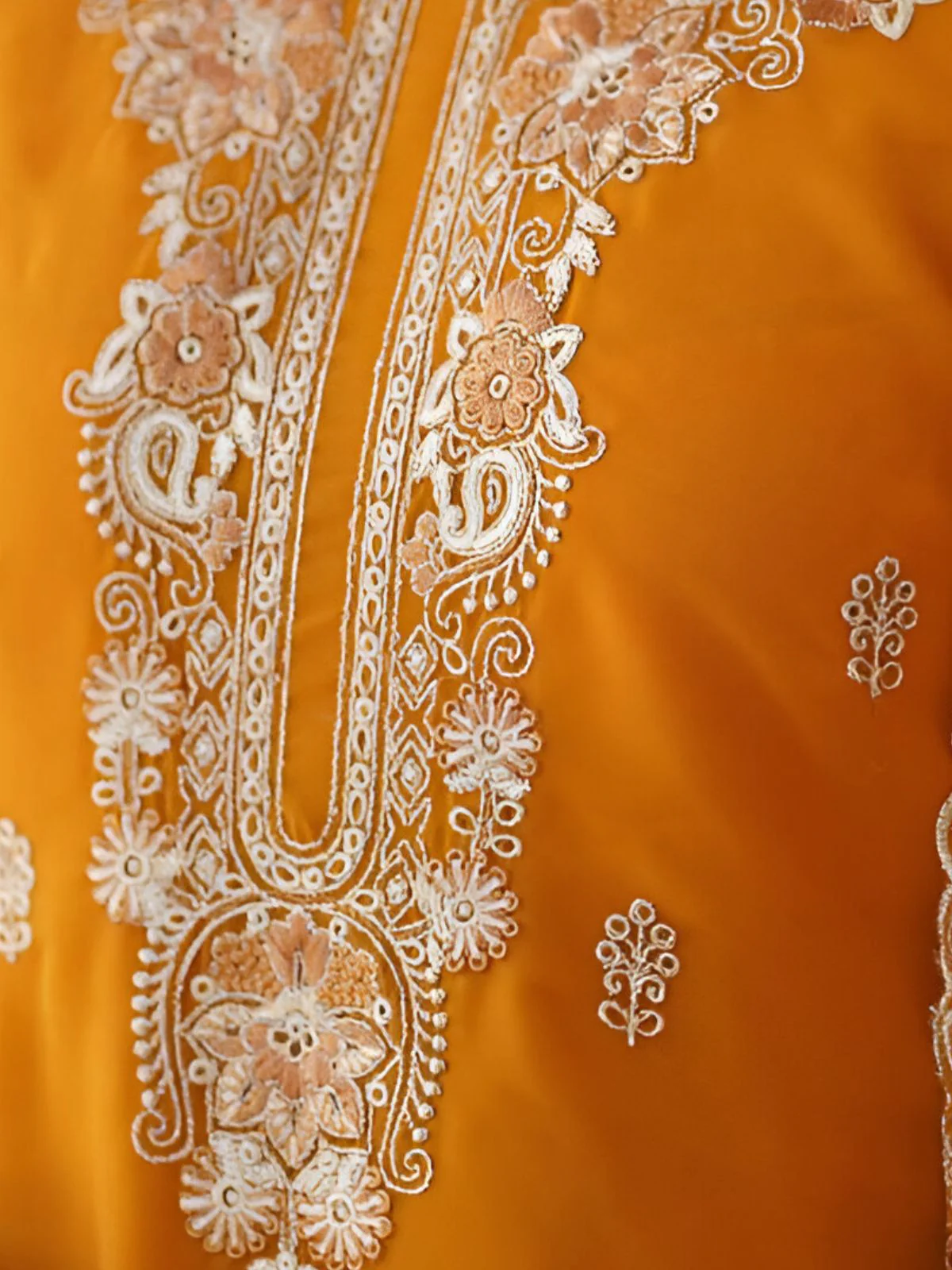 Odette Mustard Georgette Embroidered & Cutwork Kurta Set For Women - Image 4