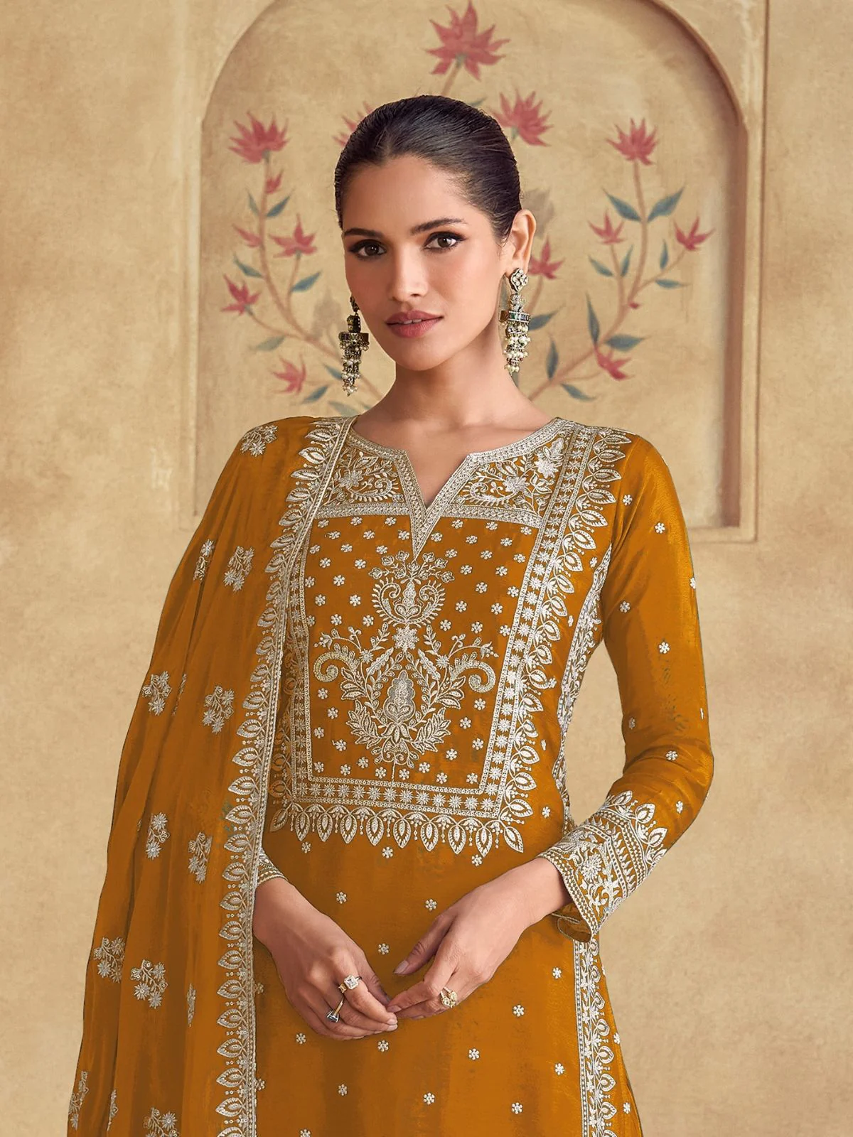 Odette Mustard Georgette  Embroidered Semi-Stitched Kurta Set For Women - Image 2