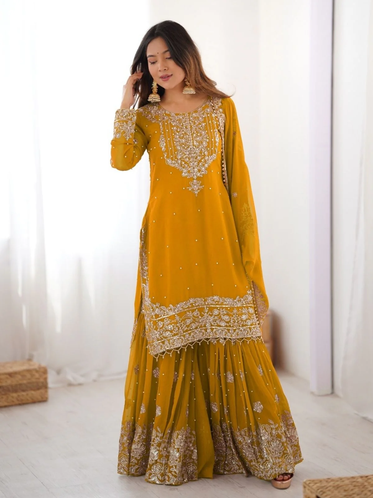 Odette Mustard Georgette Embroidered Stitched Kurta Set For Women - Image 2