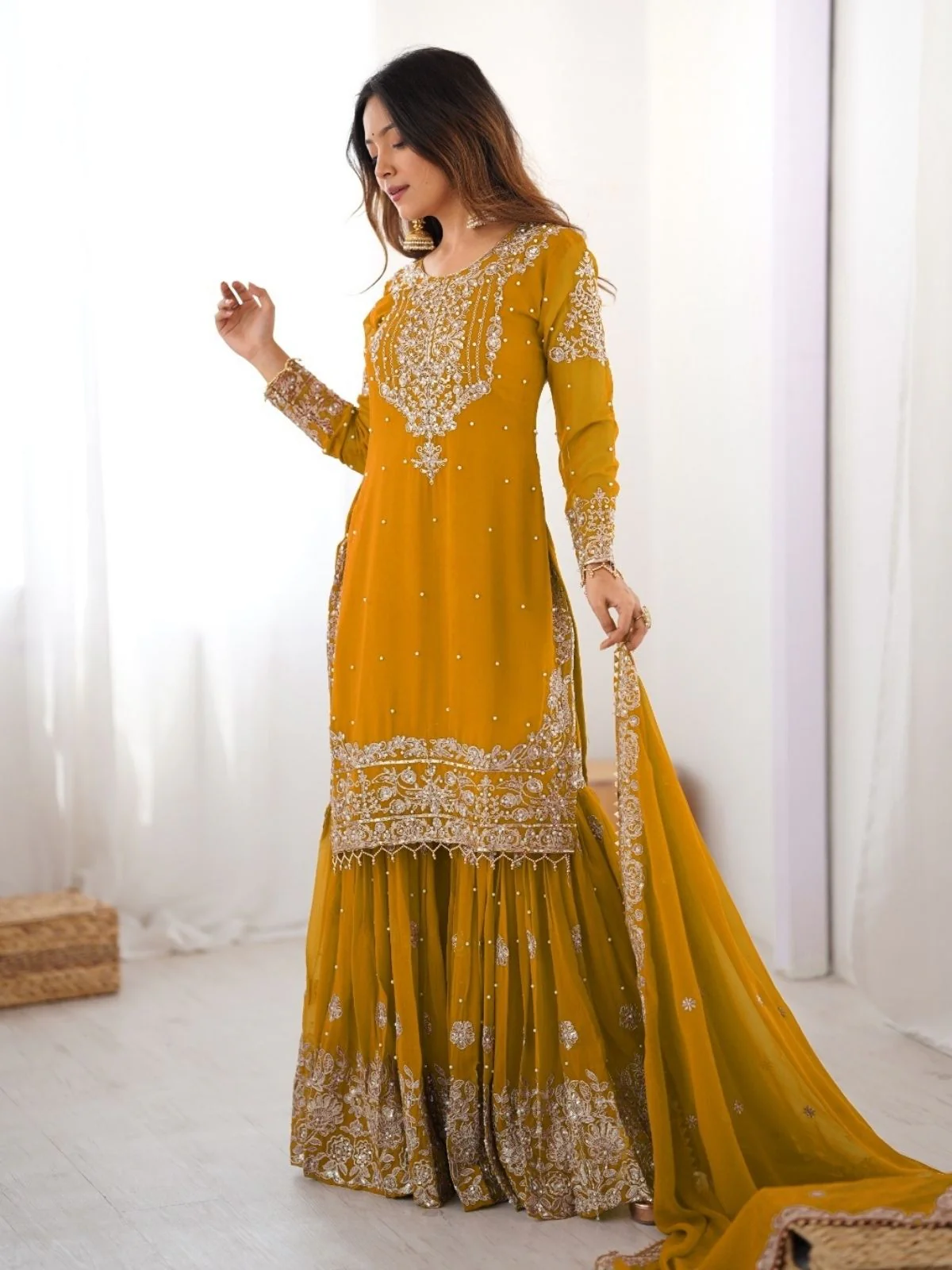Odette Mustard Georgette Embroidered Stitched Kurta Set For Women - Image 4