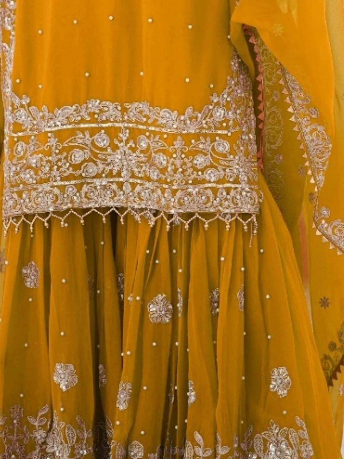 Odette Mustard Georgette Embroidered Stitched Kurta Set For Women - Image 7