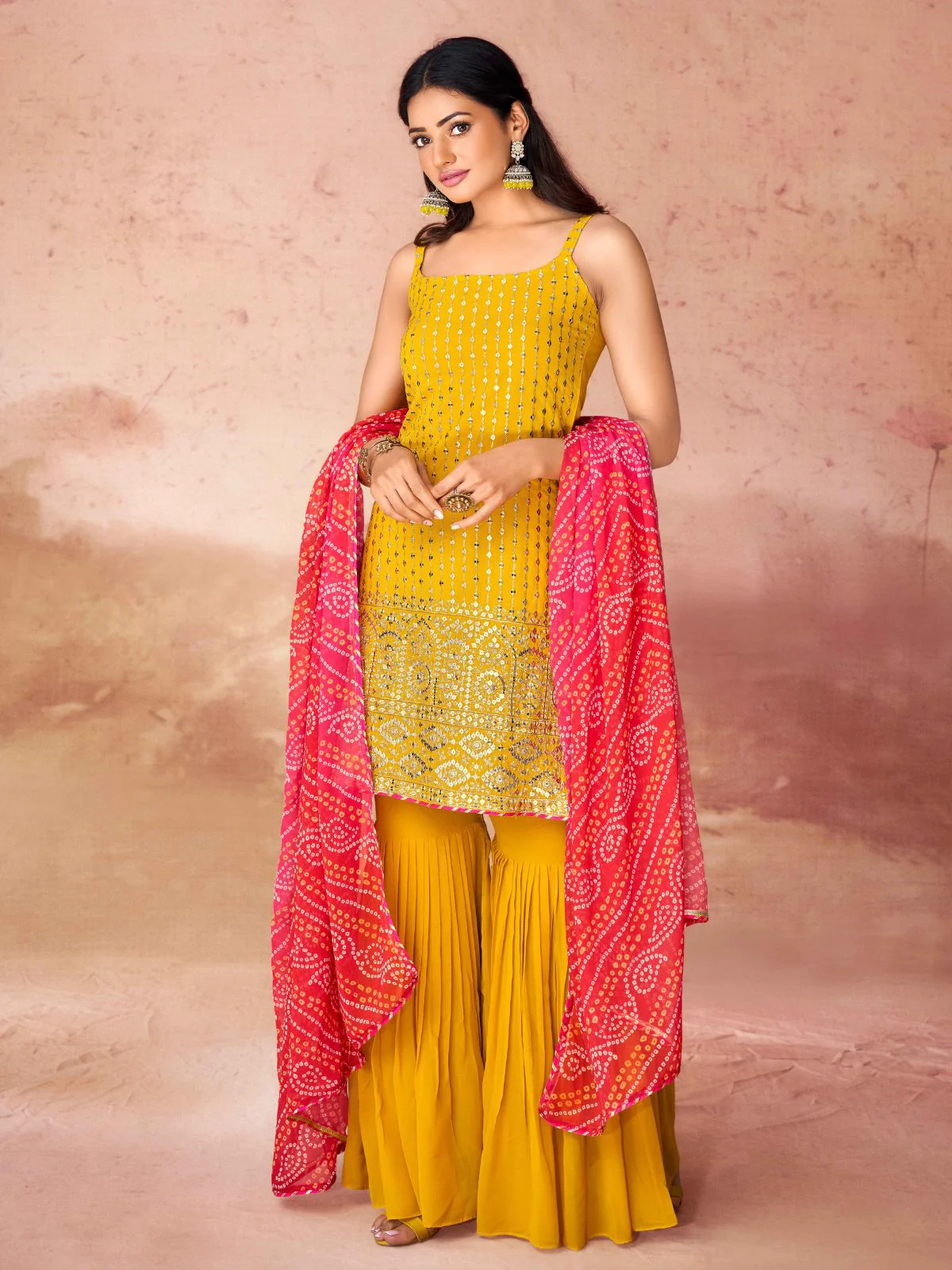 Odette Yellow Georgette Embroidered Stitched Kurta Set For Women - Image 2
