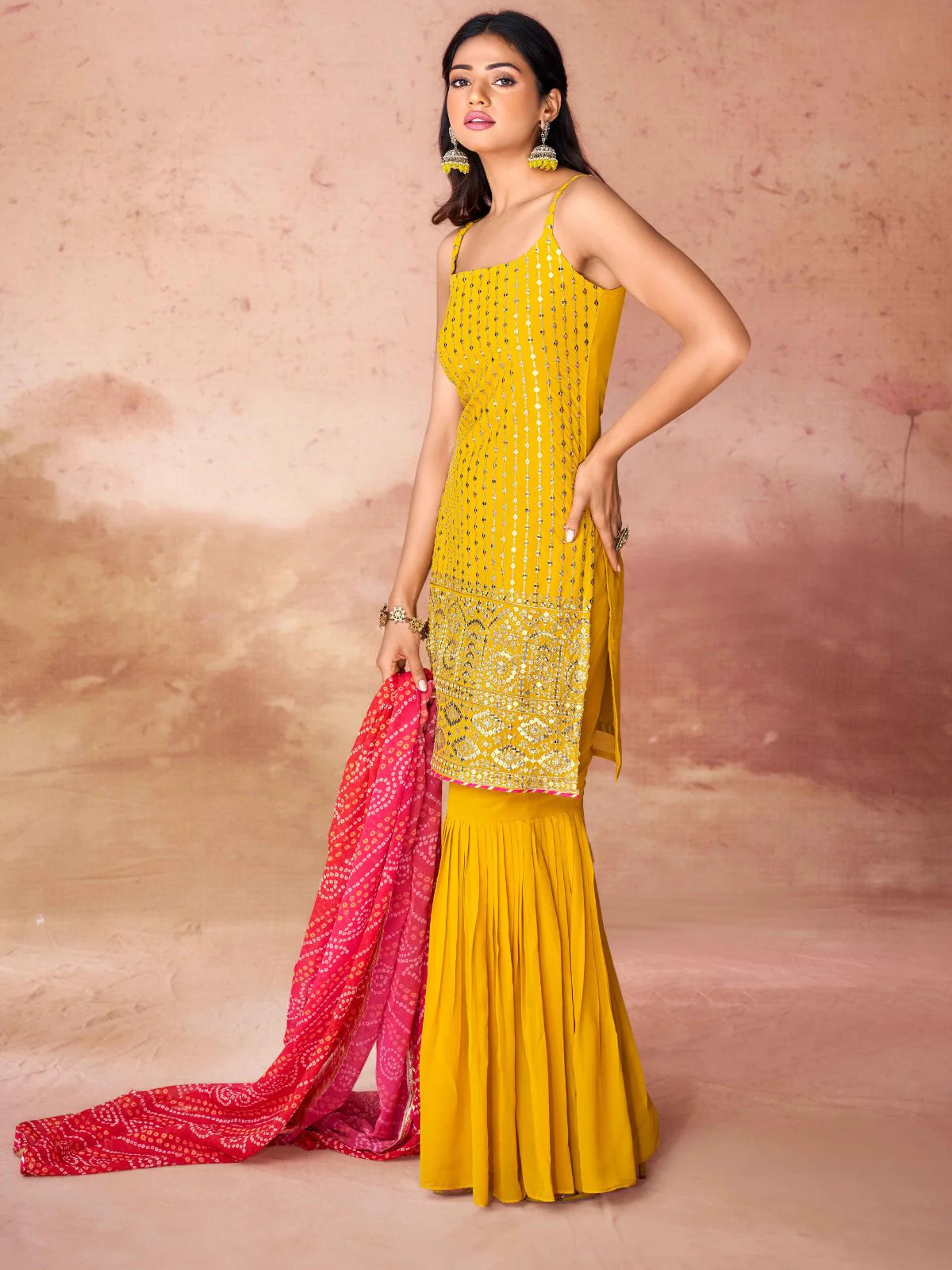 Odette Yellow Georgette Embroidered Stitched Kurta Set For Women - Image 3