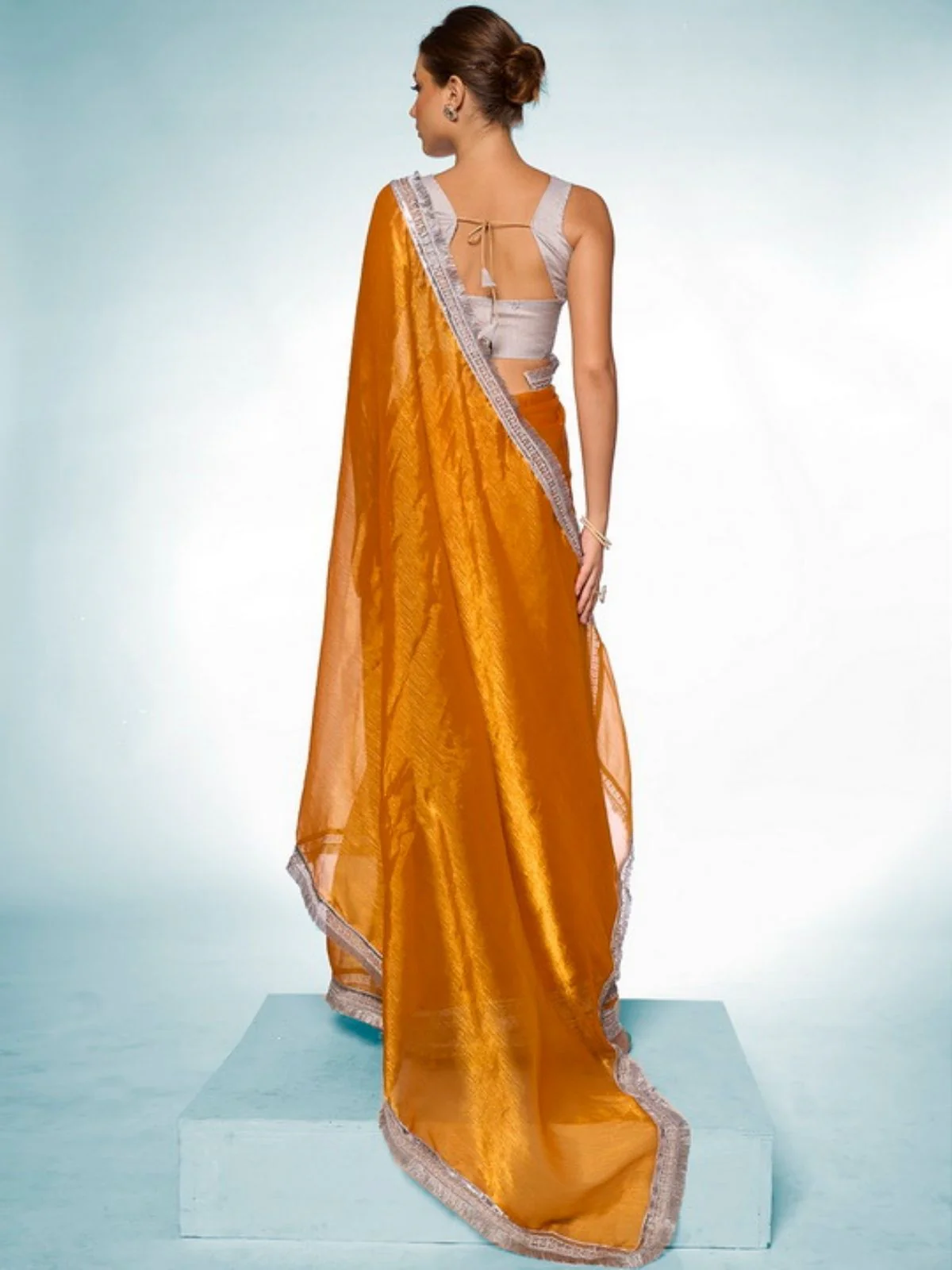 Odette Mustard Georgette Lace Work Saree With Unstitched Blouse For Women - Image 4