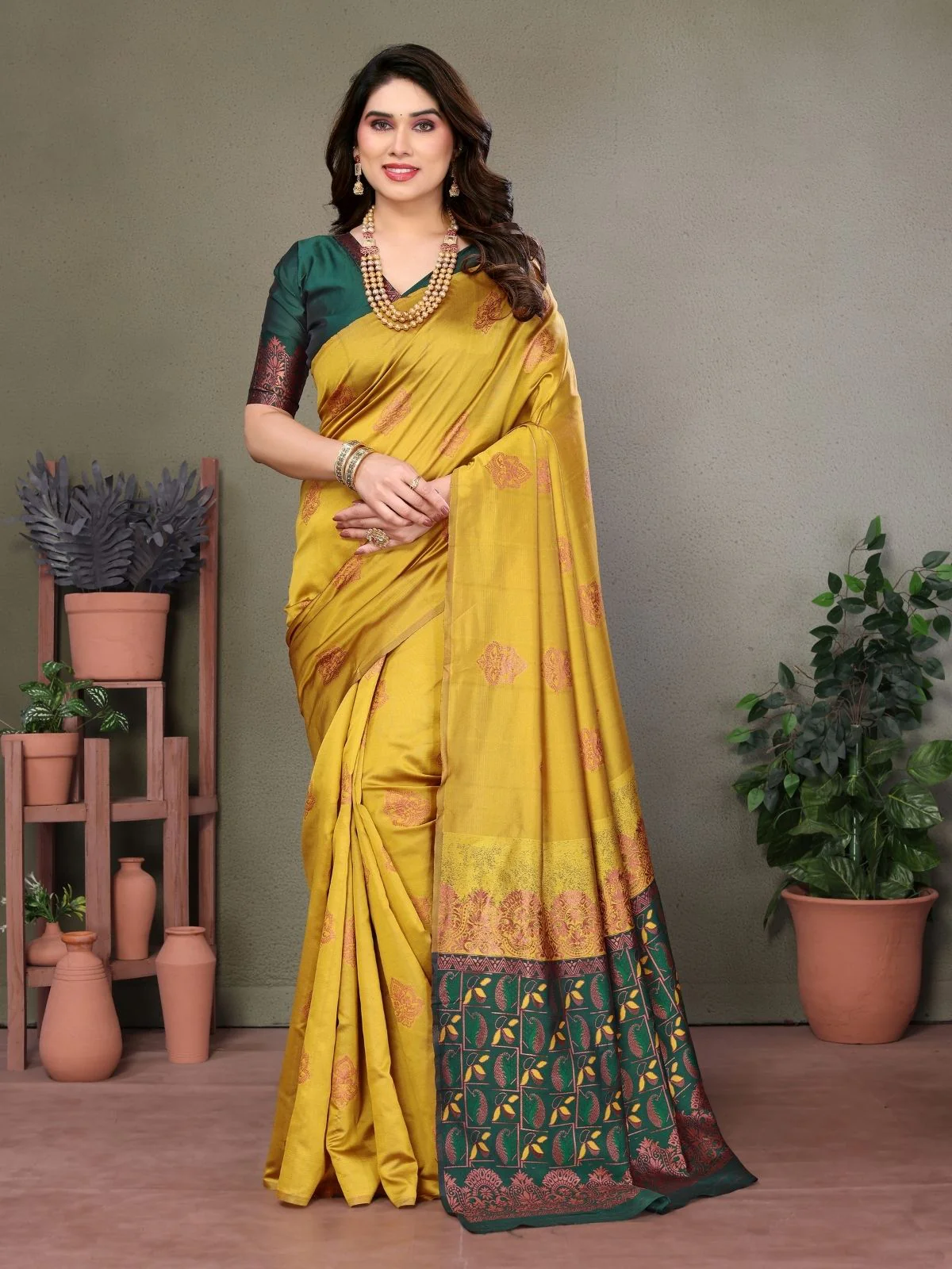 Odette Mustard Georgette Motif Print Saree For Women