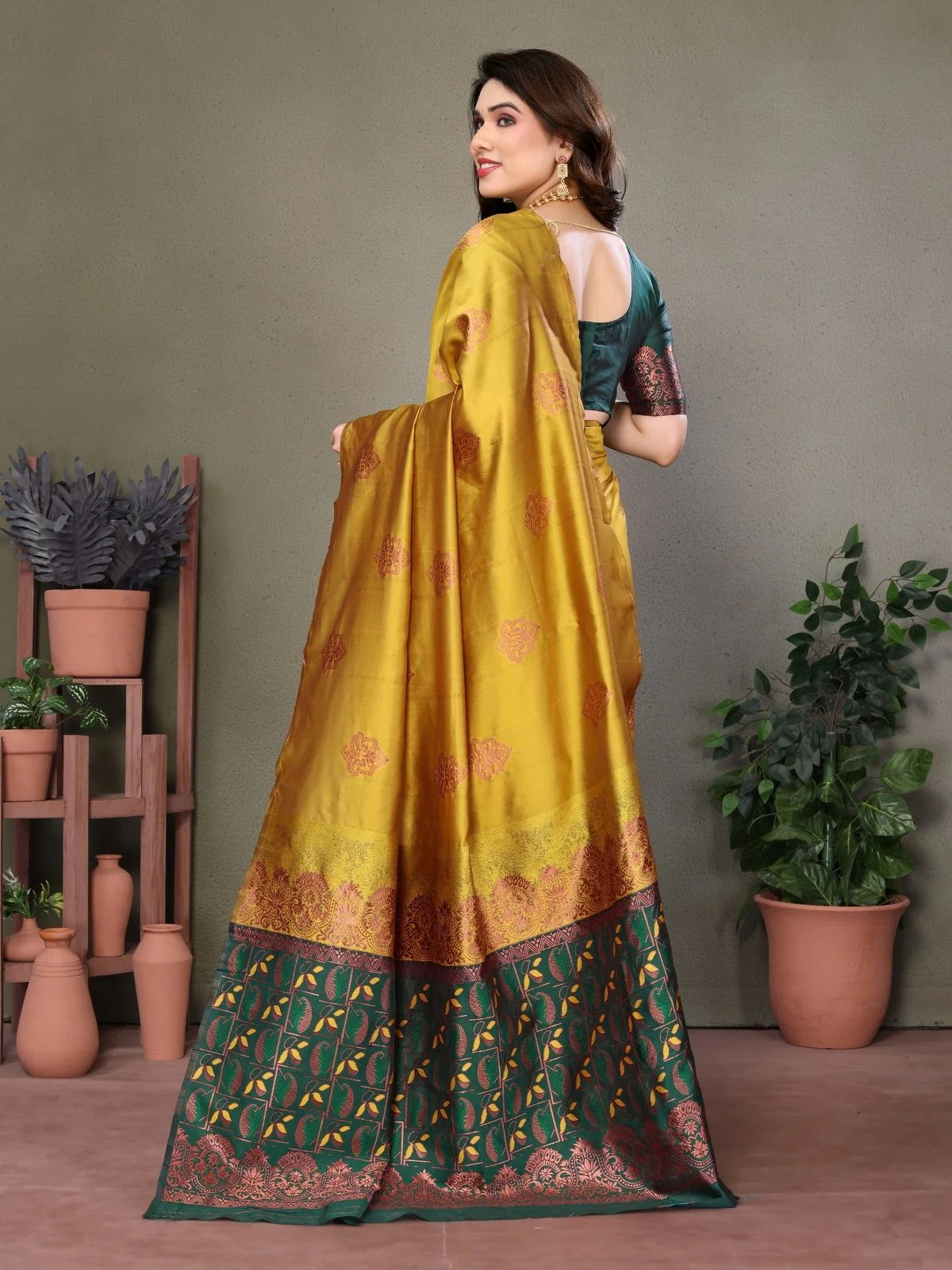 Odette Mustard Georgette Motif Print Saree For Women - Image 3