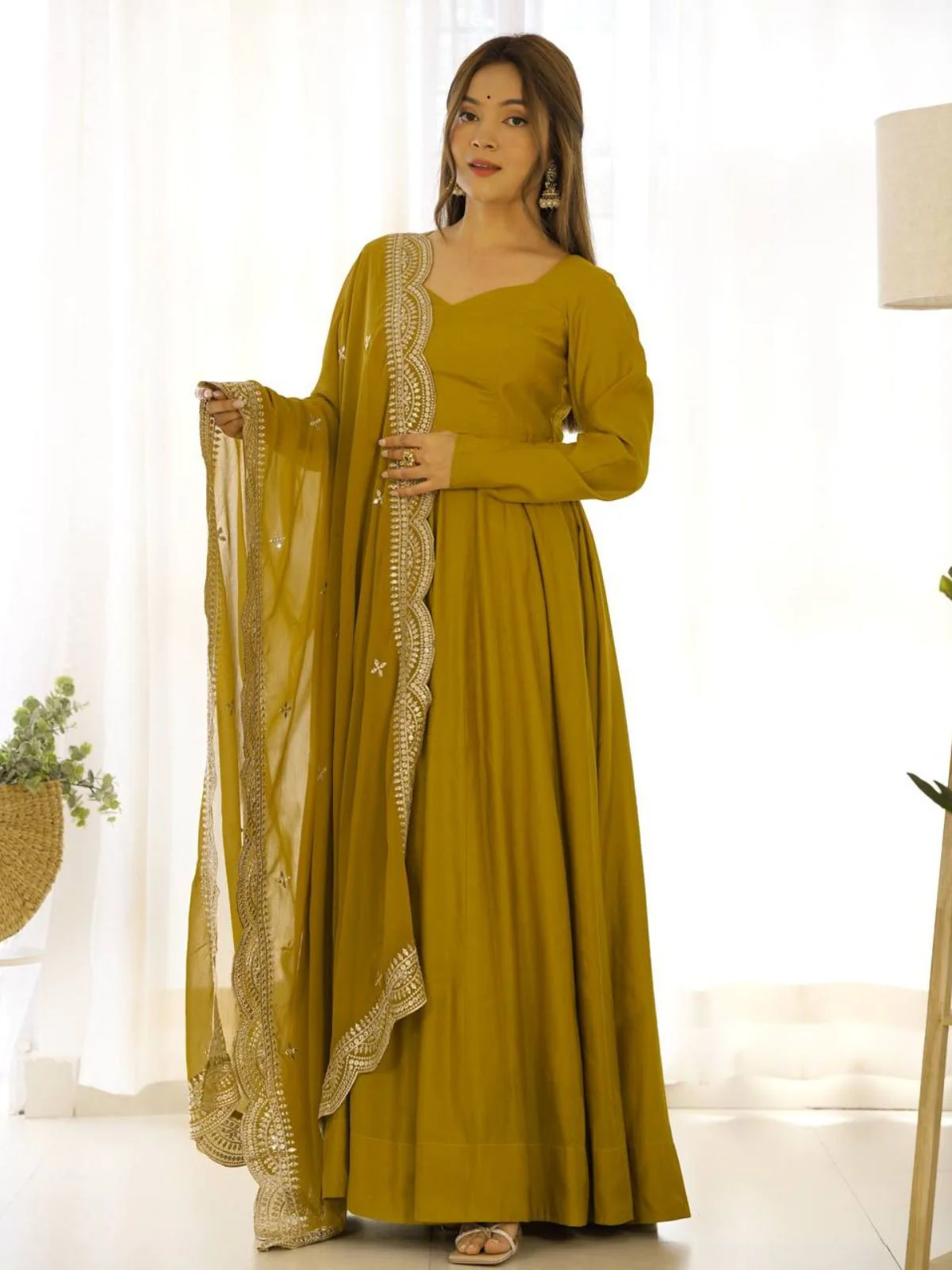 Odette Mustard Georgette Plain Kurta Set For Women