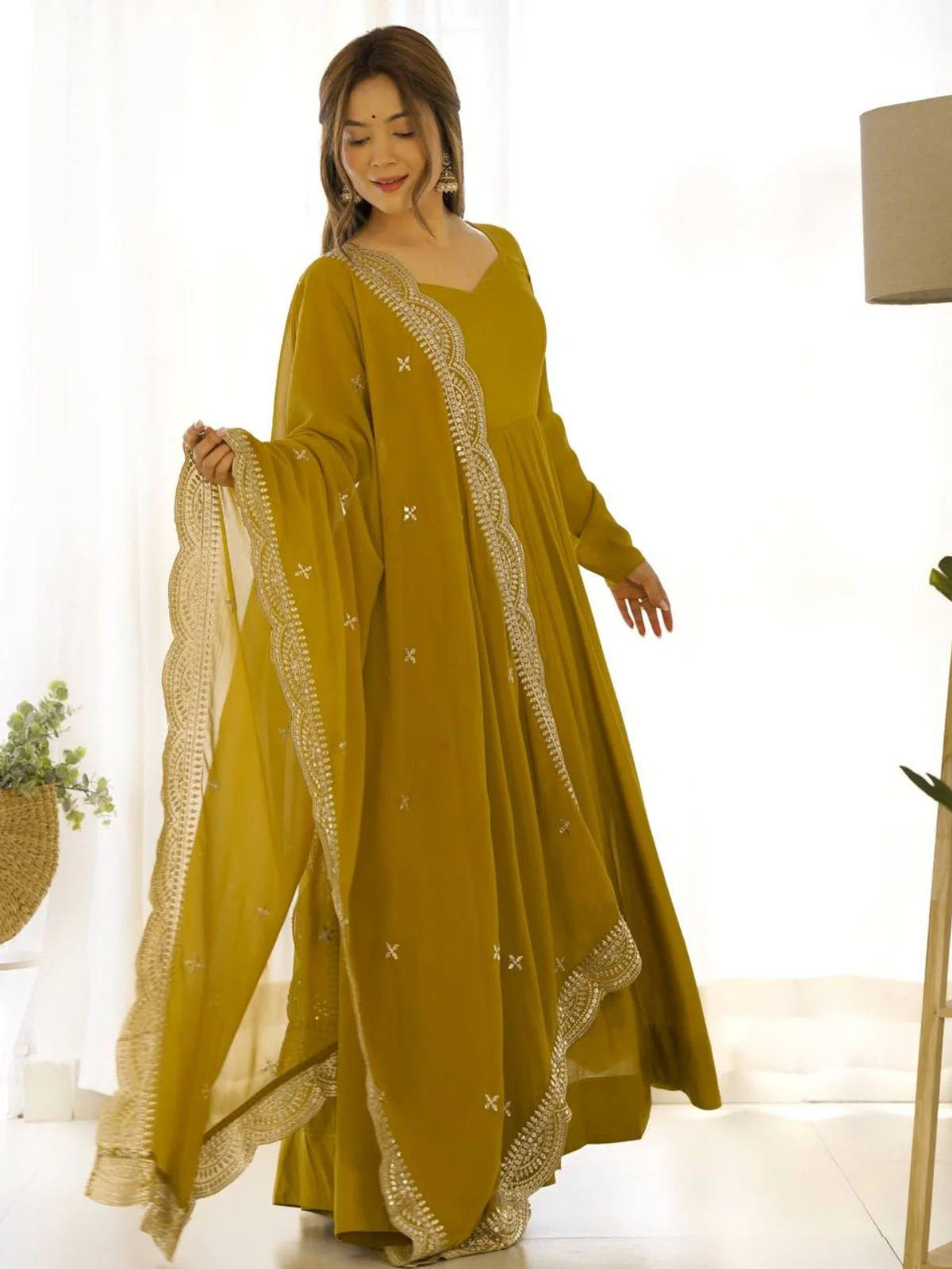 Odette Mustard Georgette Plain Kurta Set For Women - Image 2