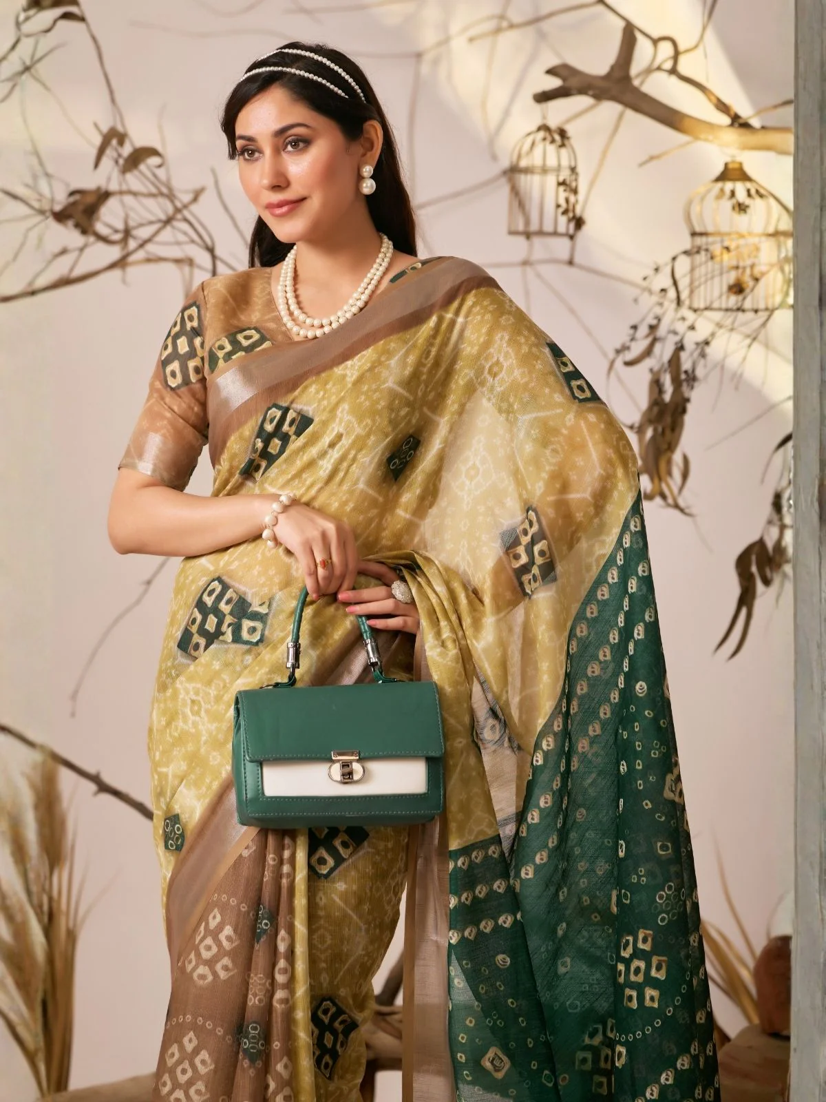 Odette Mustard Linen Cotton Printed Saree For Women - Image 4