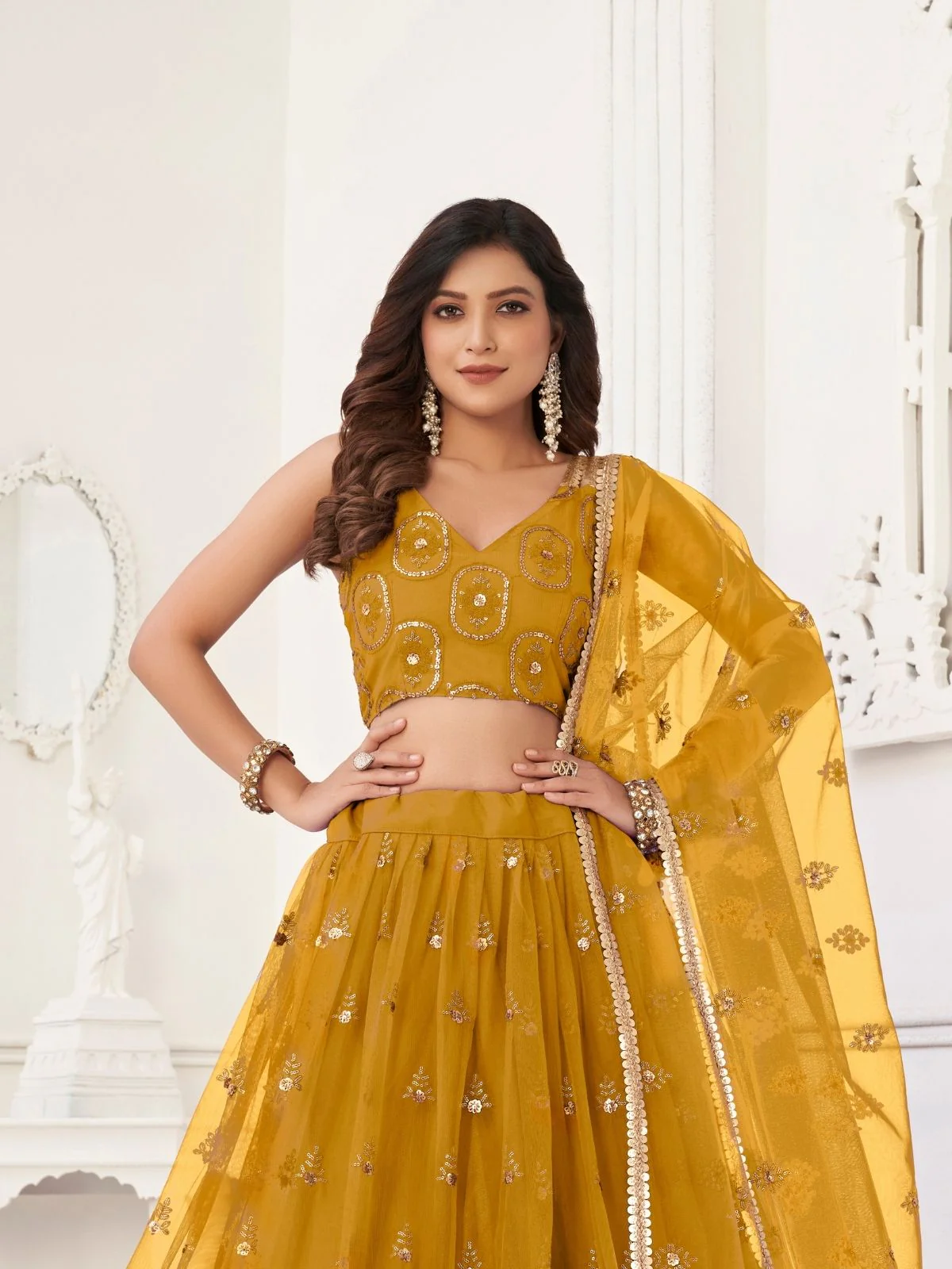 Odette Mustard Net Embroidered Semi Stitched Lehenga For Women - Image 2