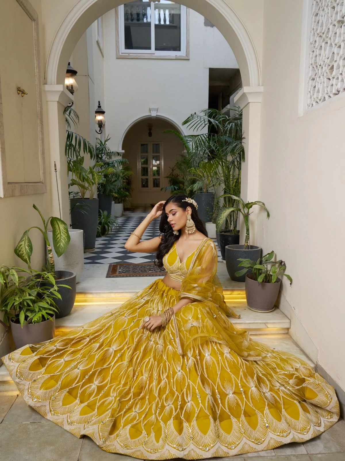 Odette Mustard Net Embroidered Semi Stitched Lehenga For Women - Image 4