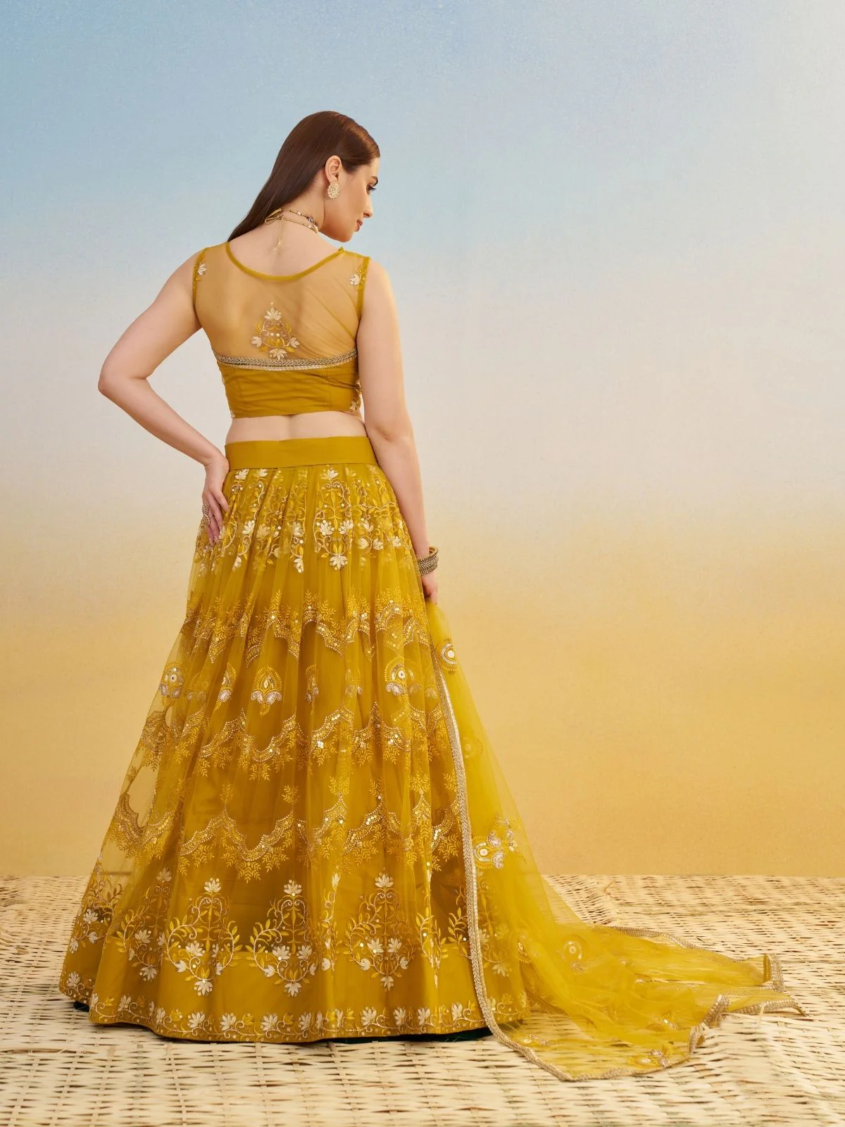 Odette Mustard Net Embroidered Semi Stitched Lehenga For Women - Image 3