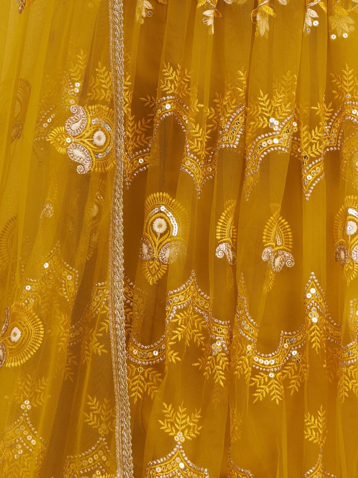 Odette Mustard Net Embroidered Semi Stitched Lehenga For Women - Image 5