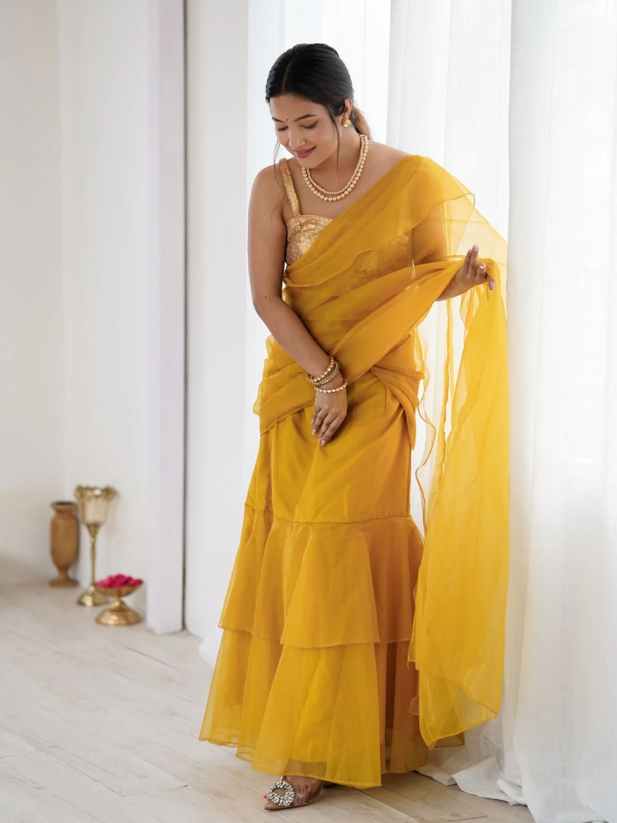 Odette Mustard Organza Designer Stitched Saree For Women - Image 2