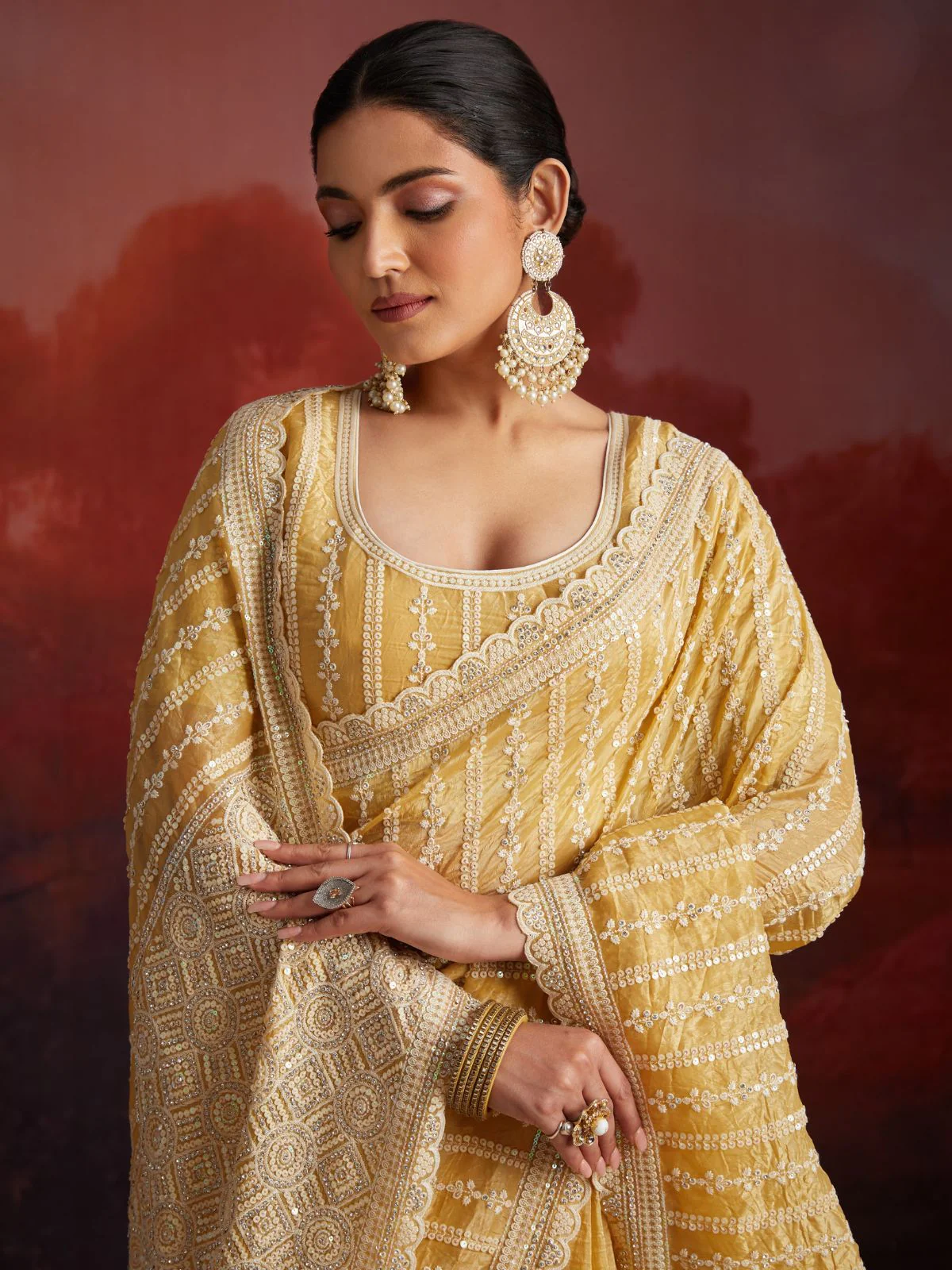 Odette Mustard Organza Embellished Saree For Women - Image 3