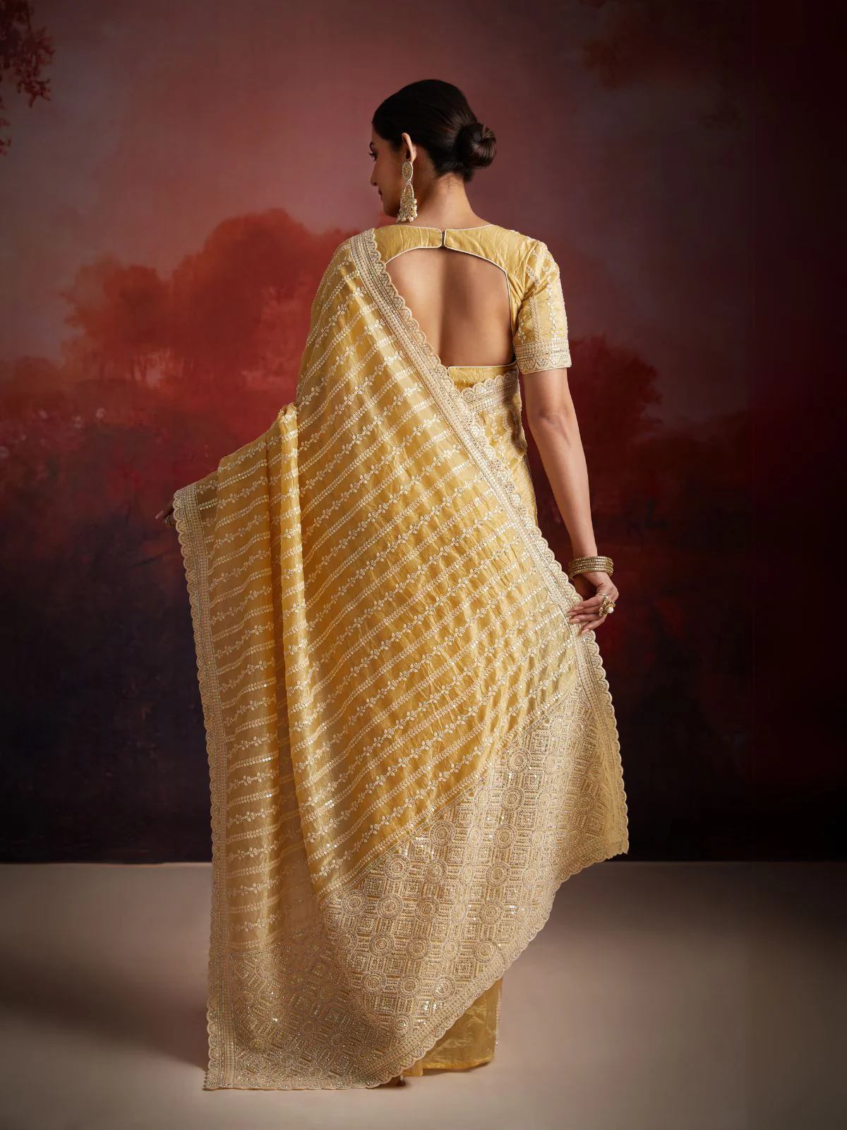 Odette Mustard Organza Embellished Saree For Women - Image 4