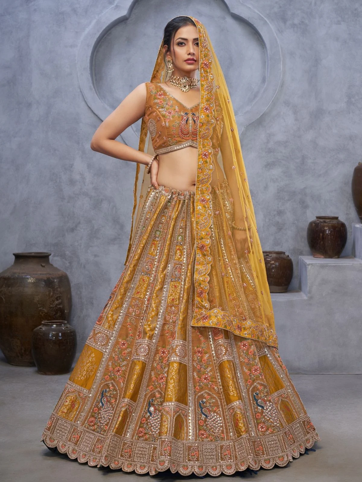Odette Mustard Organza Embellished Semi-Stitched Lehenga With Unstitched Blouse For Women - Image 2