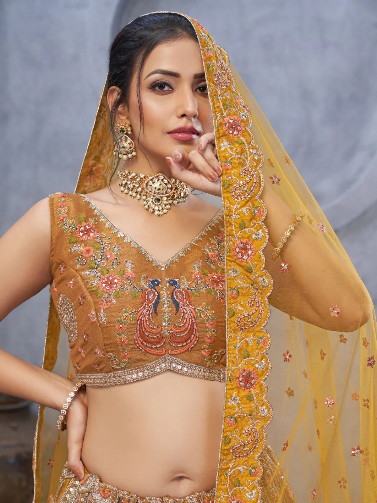 Odette Mustard Organza Embellished Semi-Stitched Lehenga With Unstitched Blouse For Women - Image 4