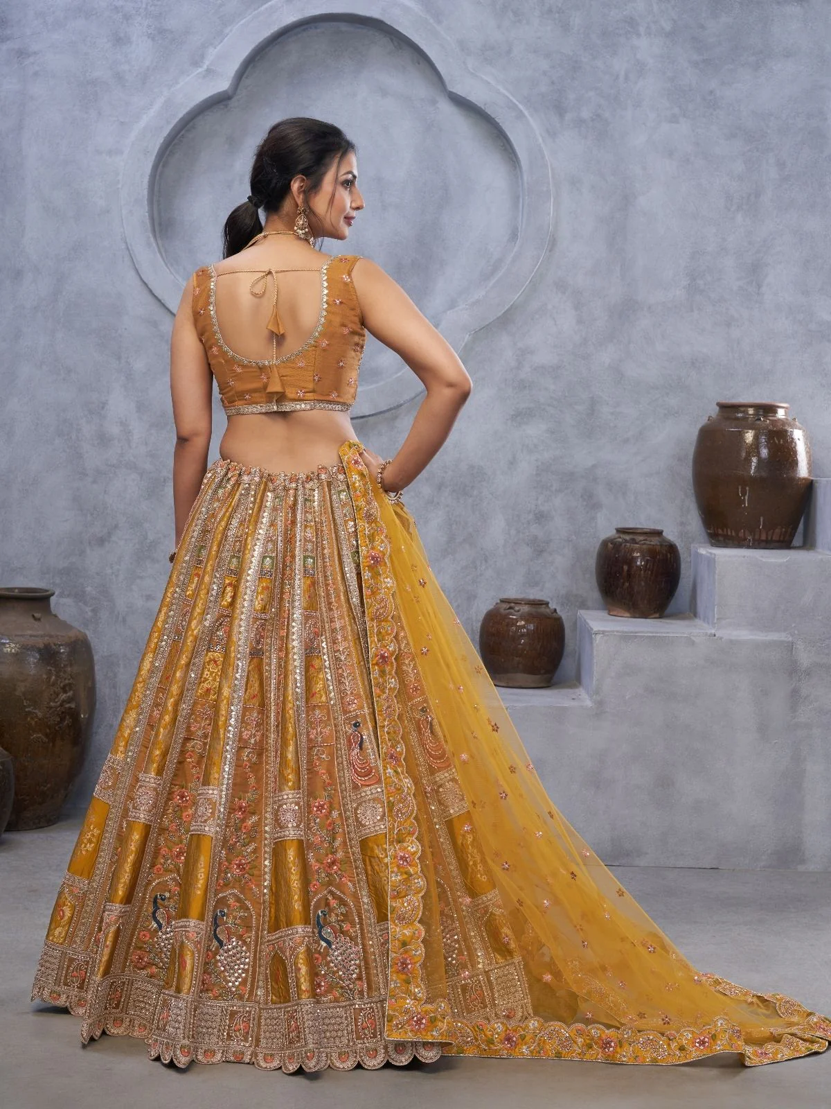 Odette Mustard Organza Embellished Semi-Stitched Lehenga With Unstitched Blouse For Women - Image 5