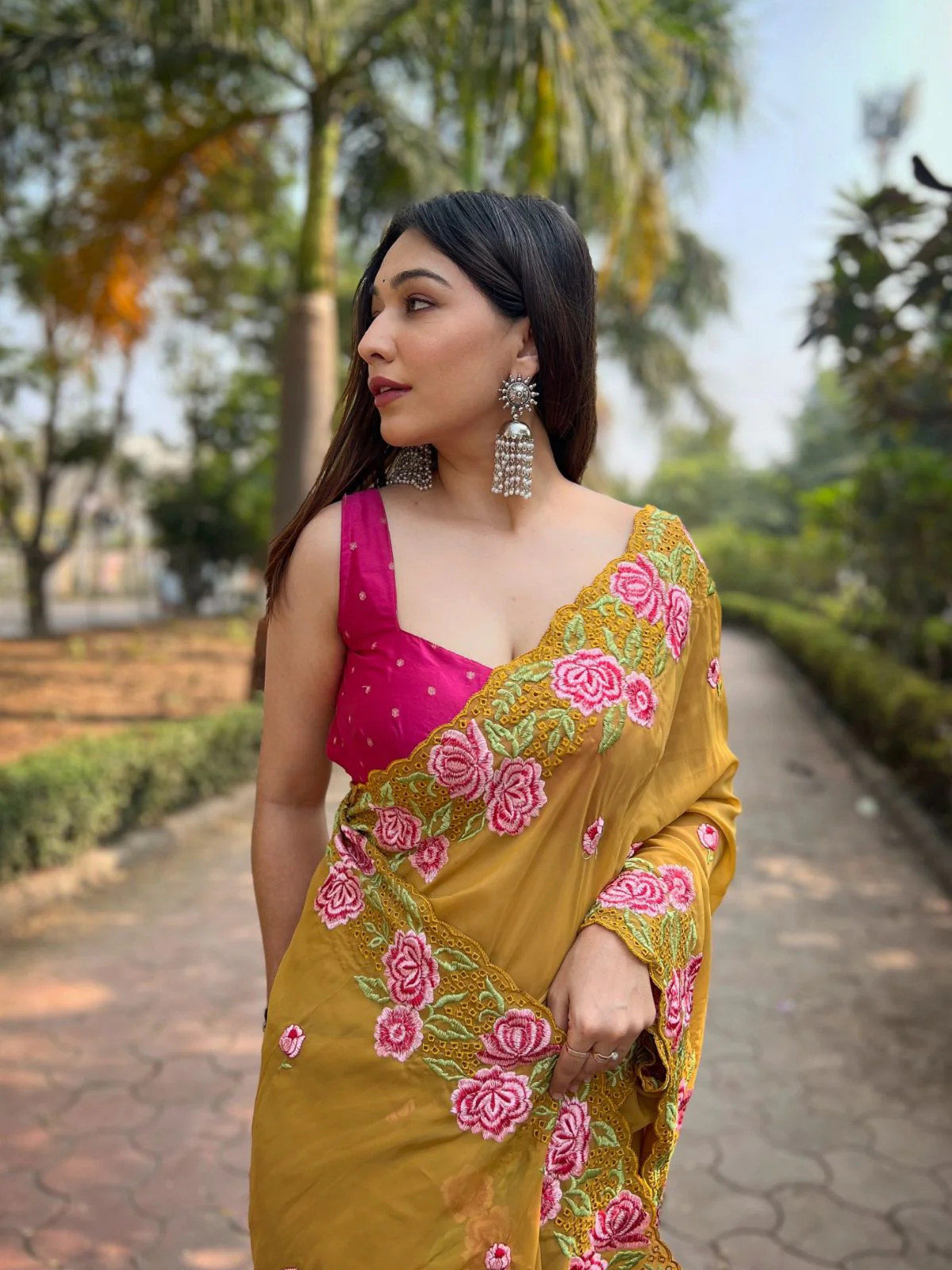 Odette Mustard Organza Embroidered Saree With Unstitched Blouse For Women - Image 2