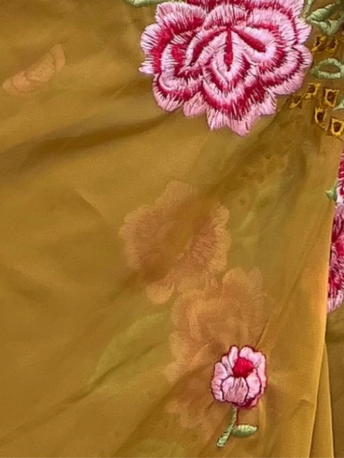 Odette Mustard Organza Embroidered Saree With Unstitched Blouse For Women - Image 3