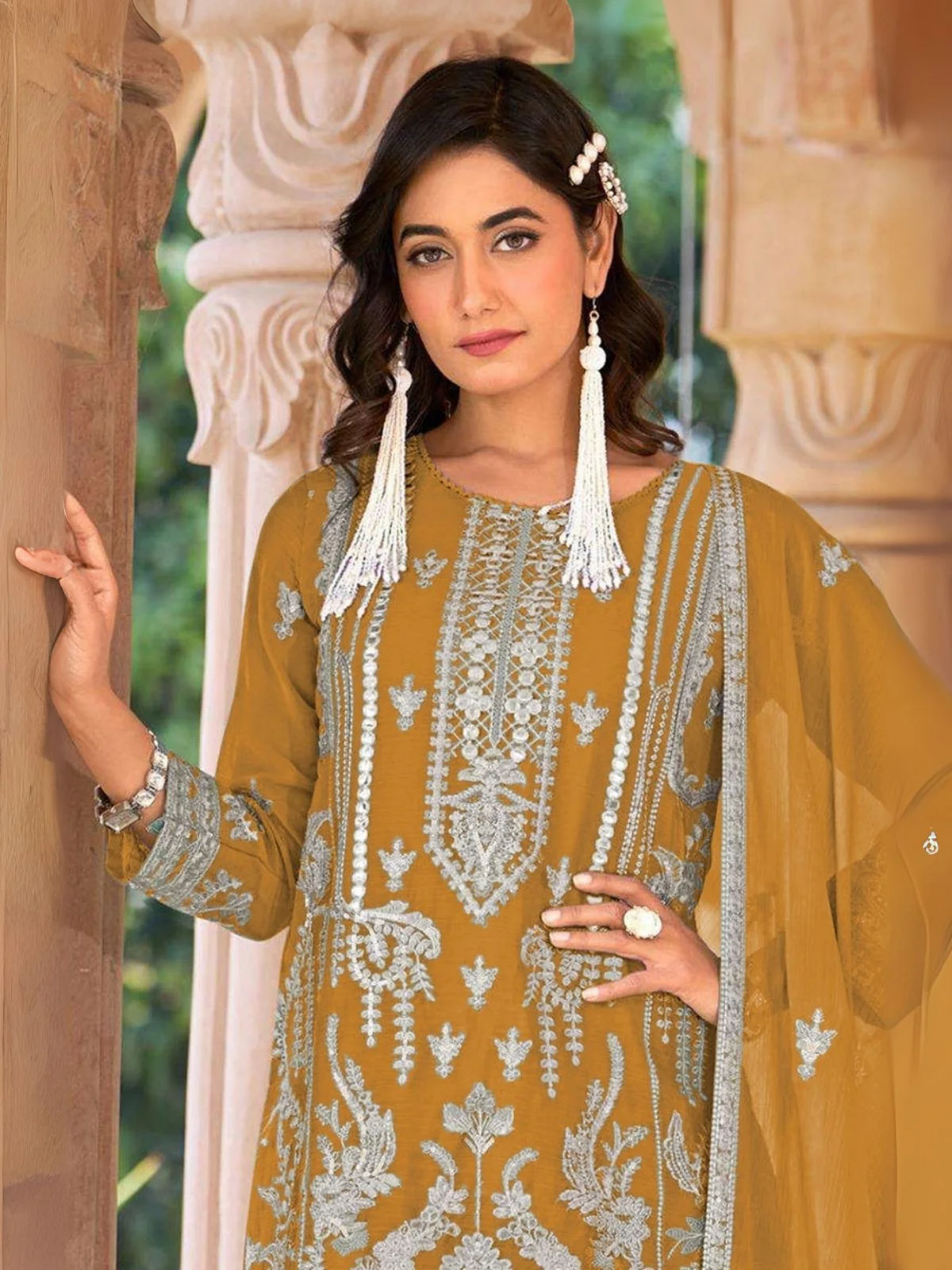 Odette Mustard Organza Embroidered Semi-Sitched Kurta Set For Women - Image 2