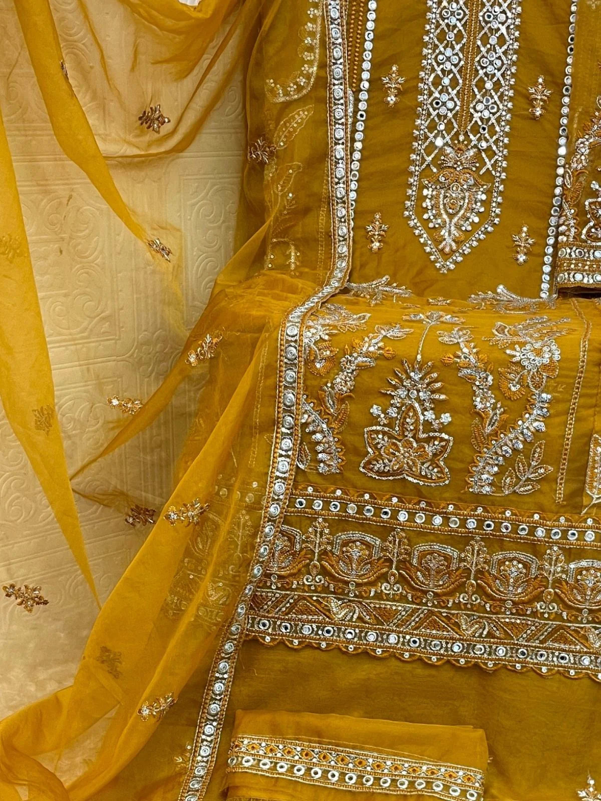 Odette Mustard Organza Embroidered Semi-Sitched Kurta Set For Women - Image 3