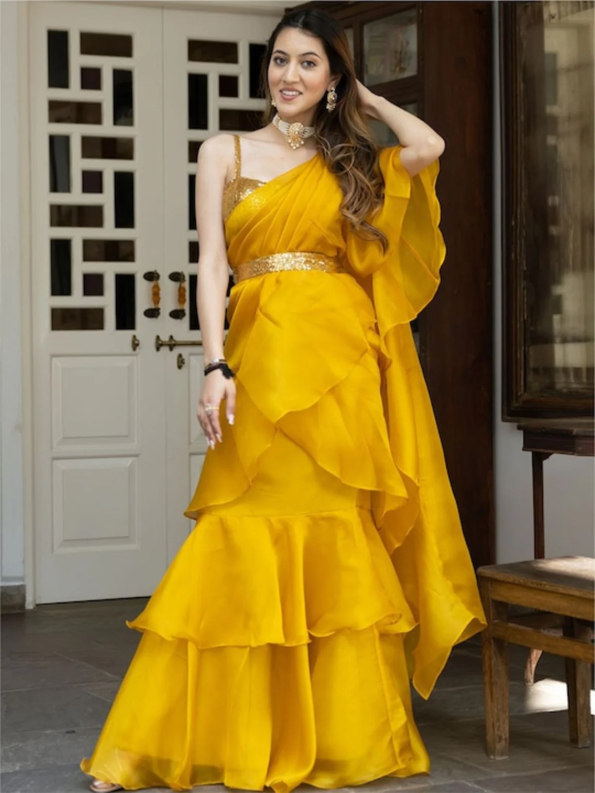 Odette Mustard Organza Solid Saree with Stitched Blouse for Women - Image 3