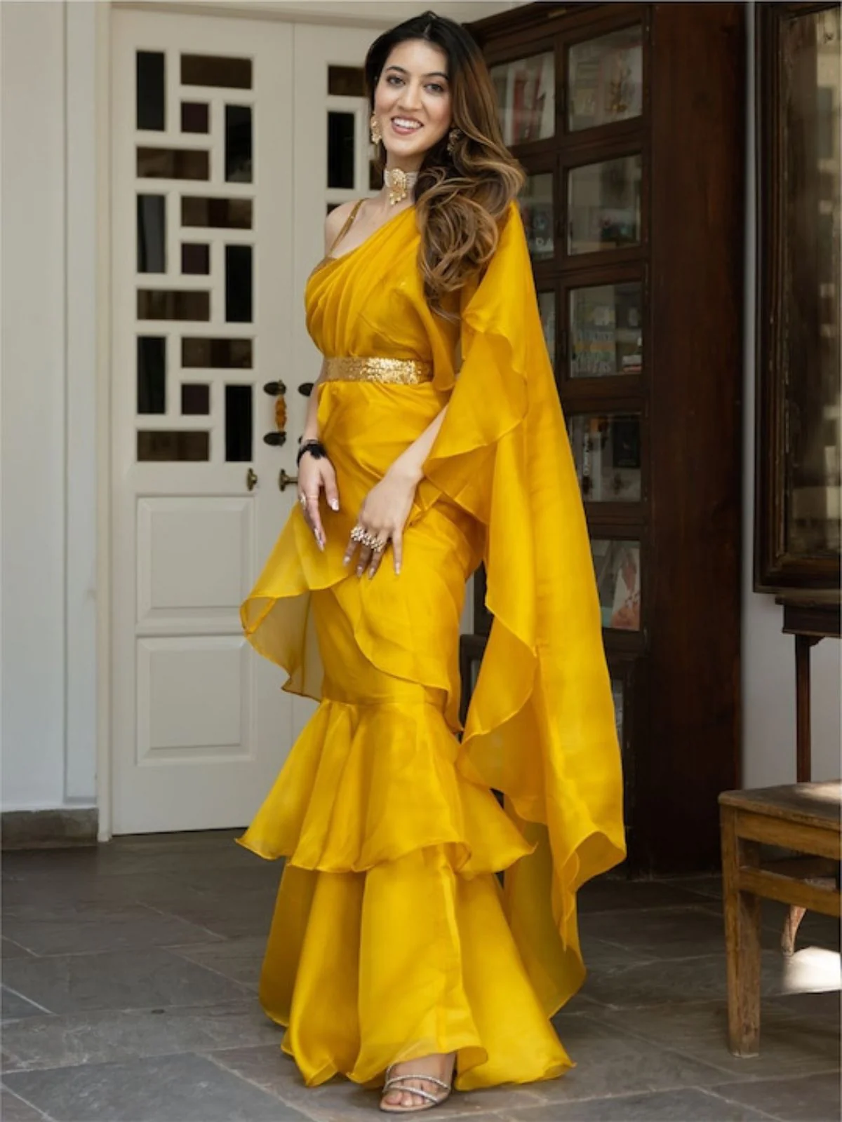 Odette Mustard Organza Solid Saree with Stitched Blouse for Women - Image 4