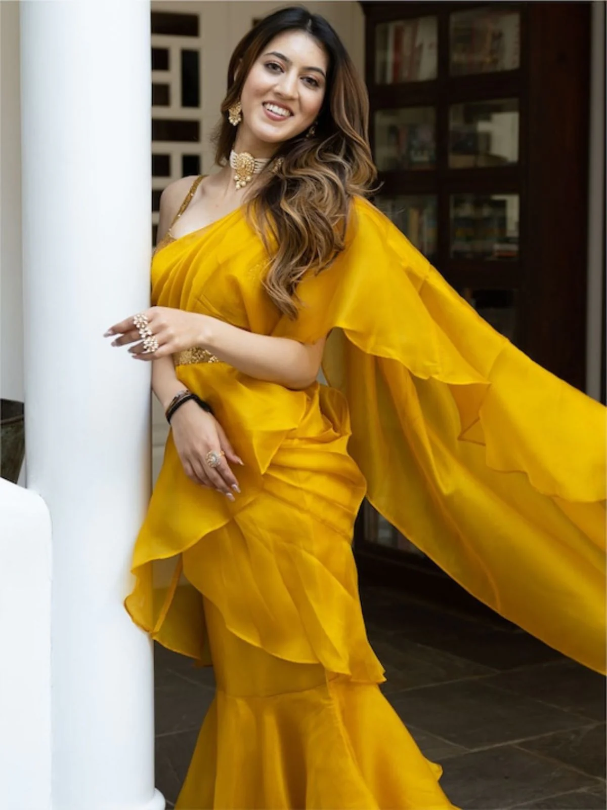 Odette Mustard Organza Solid Saree with Stitched Blouse for Women - Image 7