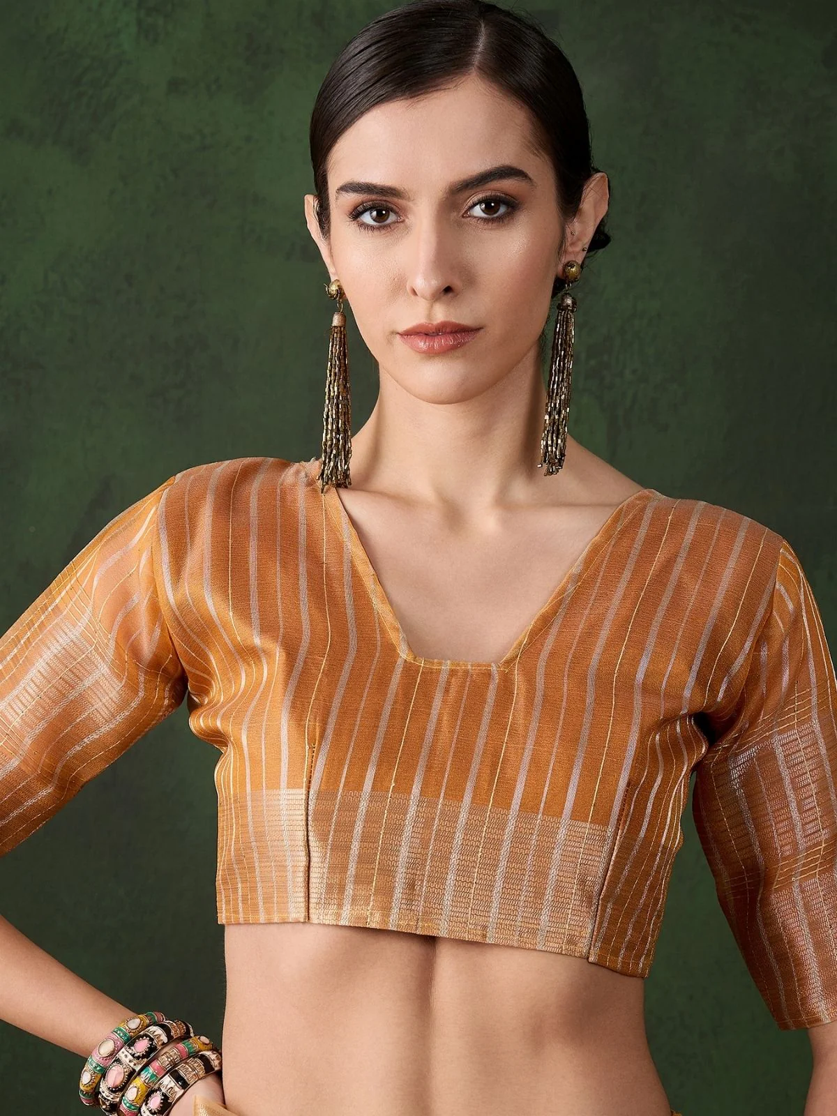 Odette Mustard Organza Woven Saree With Unstitched Blouse For Women - Image 5
