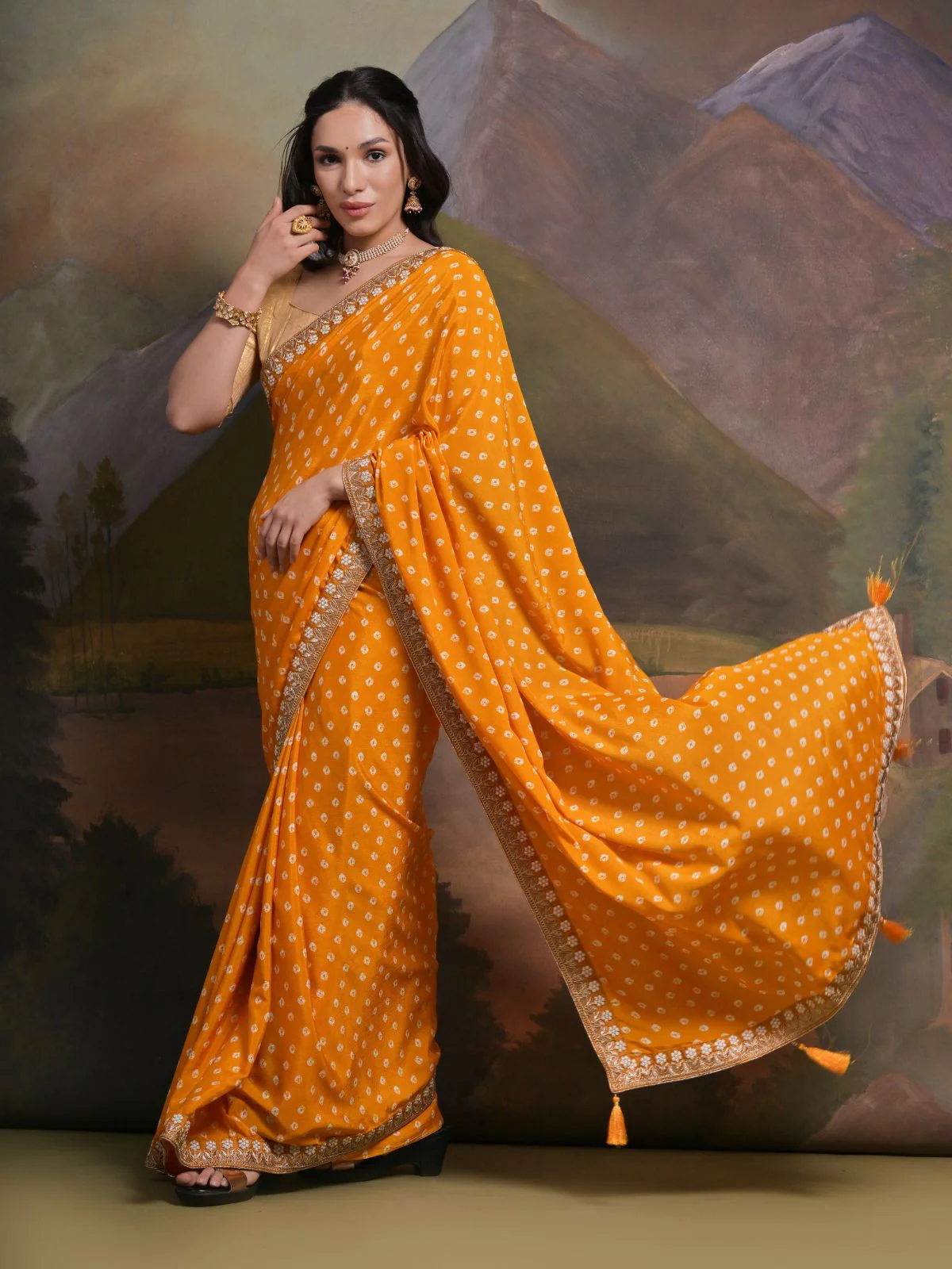 Odette Mustard Printed Chiffon Saree With Unstitched Blouse For Women - Image 2