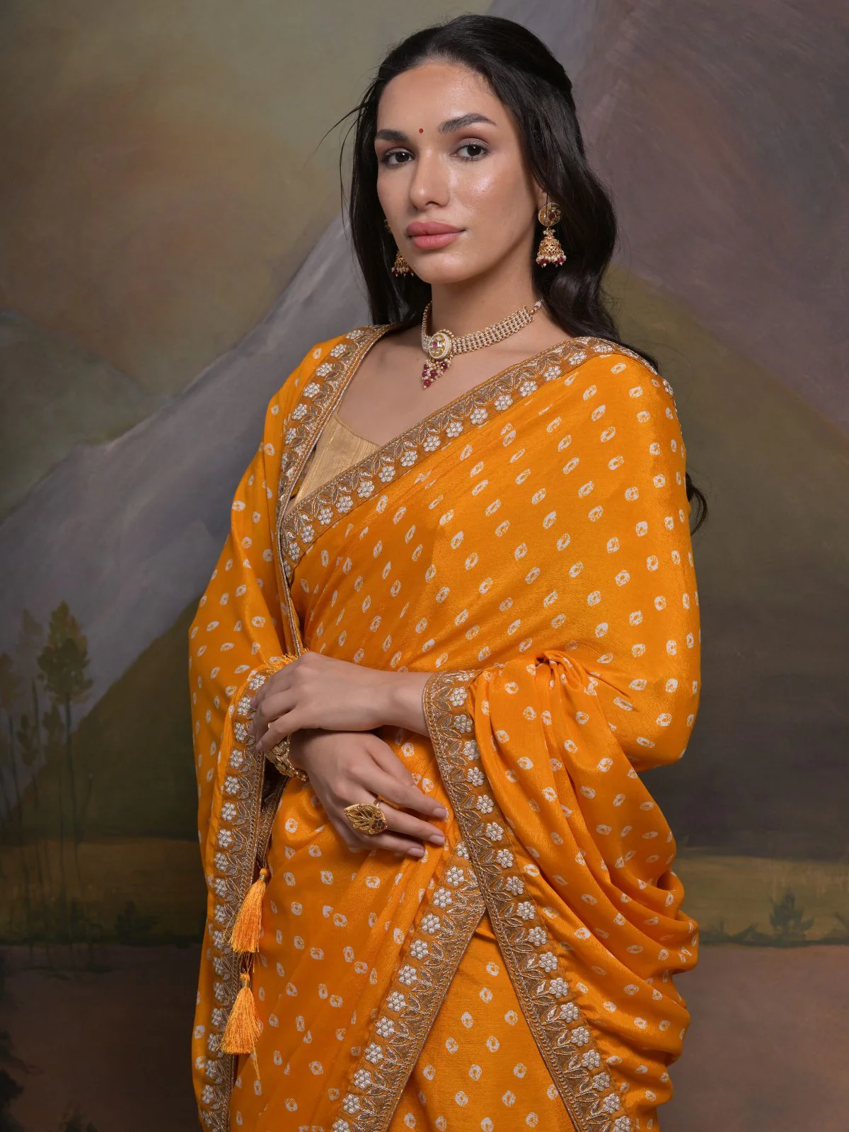 Odette Mustard Printed Chiffon Saree With Unstitched Blouse For Women - Image 4