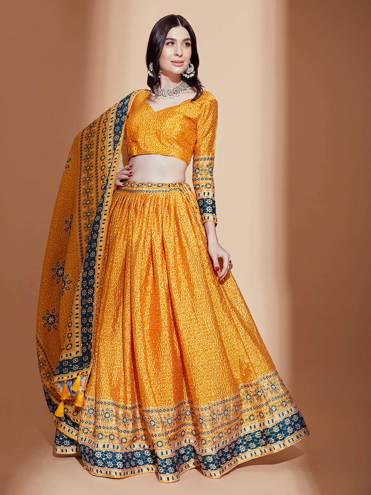 Odette Mustard Printed Embroidered Chinon Semi Stitched Lehenga With Unstitched Blouse For Women - Image 2