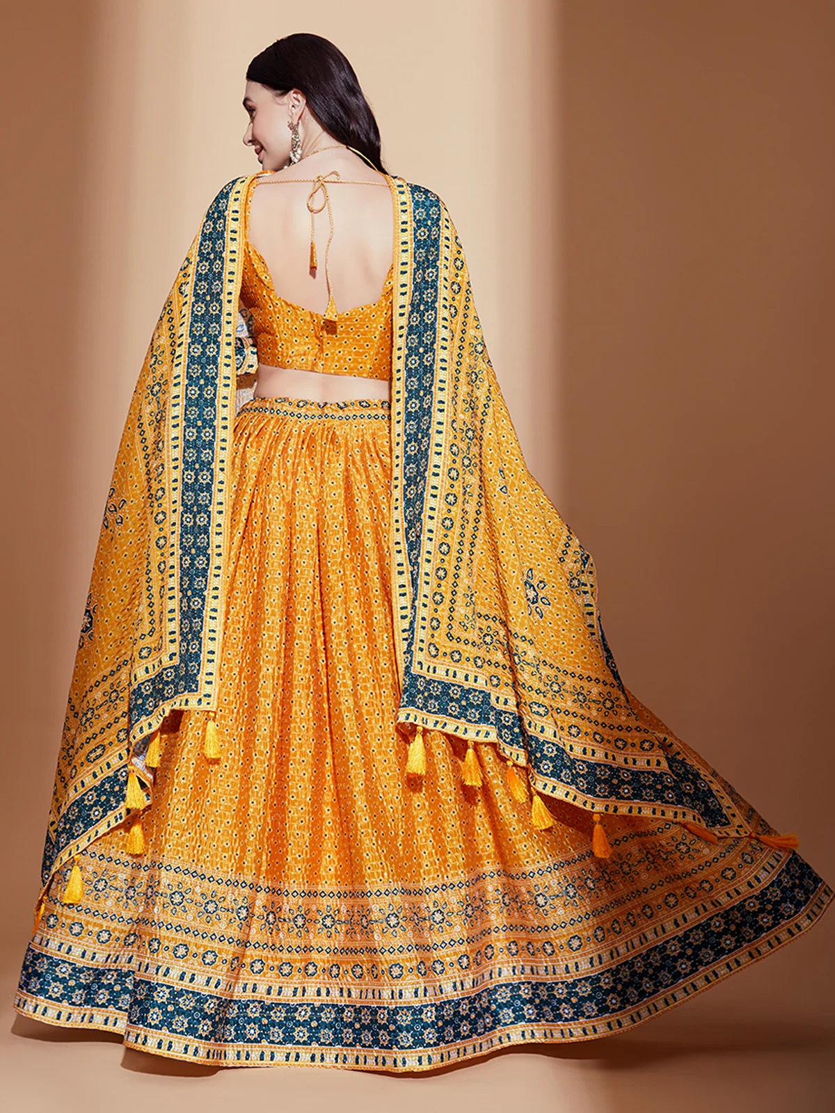 Odette Mustard Printed Embroidered Chinon Semi Stitched Lehenga With Unstitched Blouse For Women - Image 3