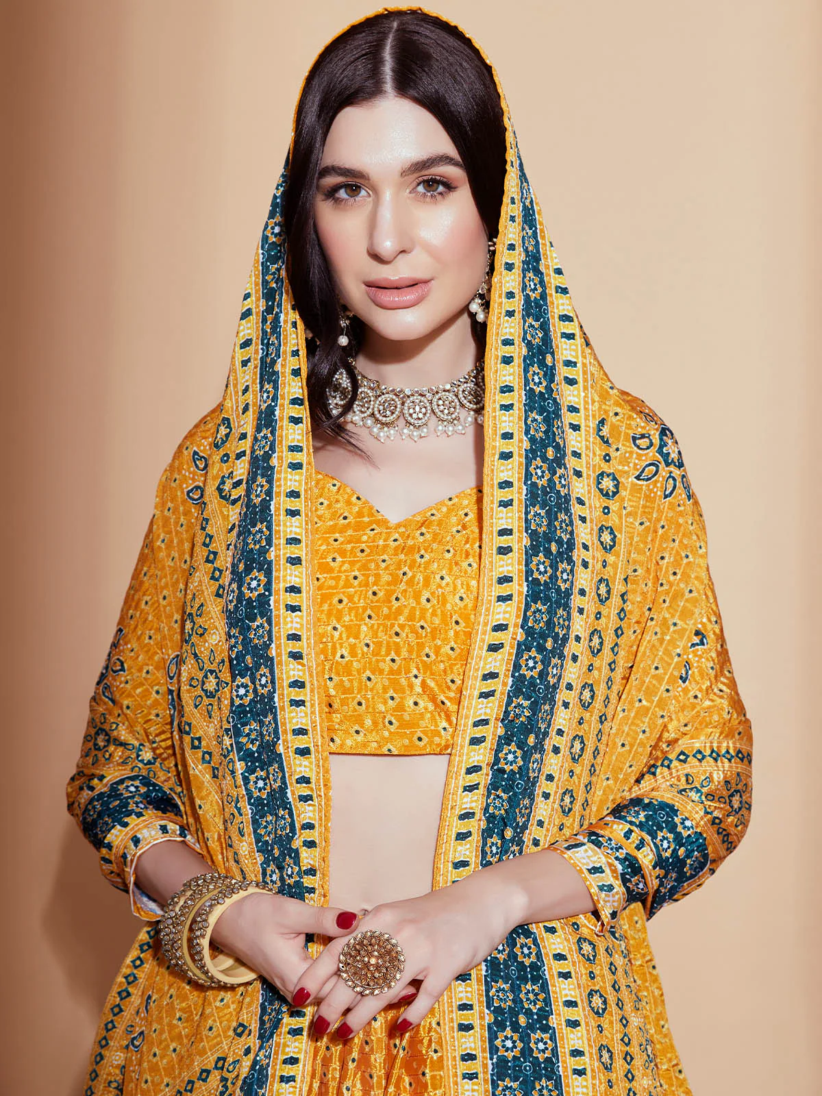 Odette Mustard Printed Embroidered Chinon Semi Stitched Lehenga With Unstitched Blouse For Women - Image 4