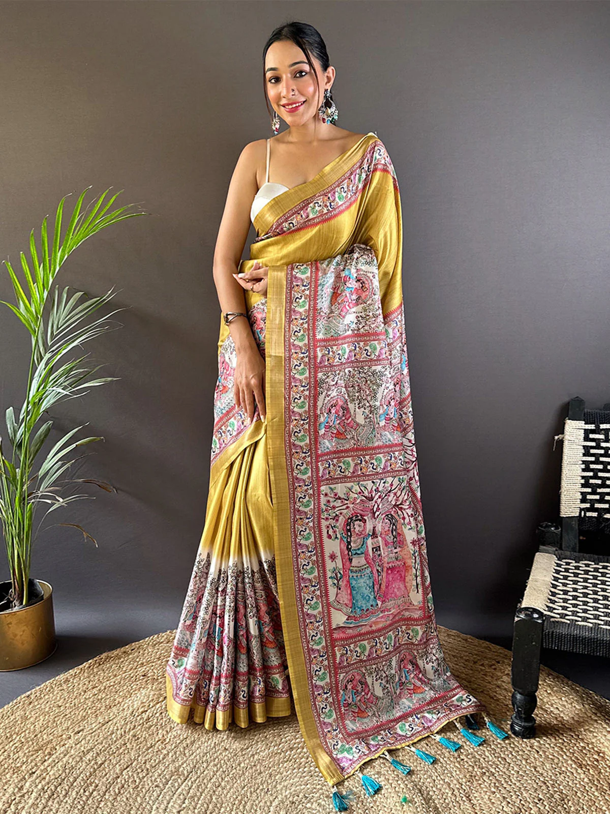 Odette Mustard Printed Silk Blend Saree With Unstitched Blouse For Women