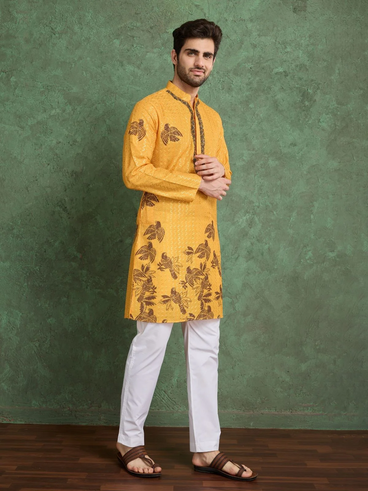 Odette Mustard Rayon Printed and Embroidered Stitched Kurta For Men - Image 2