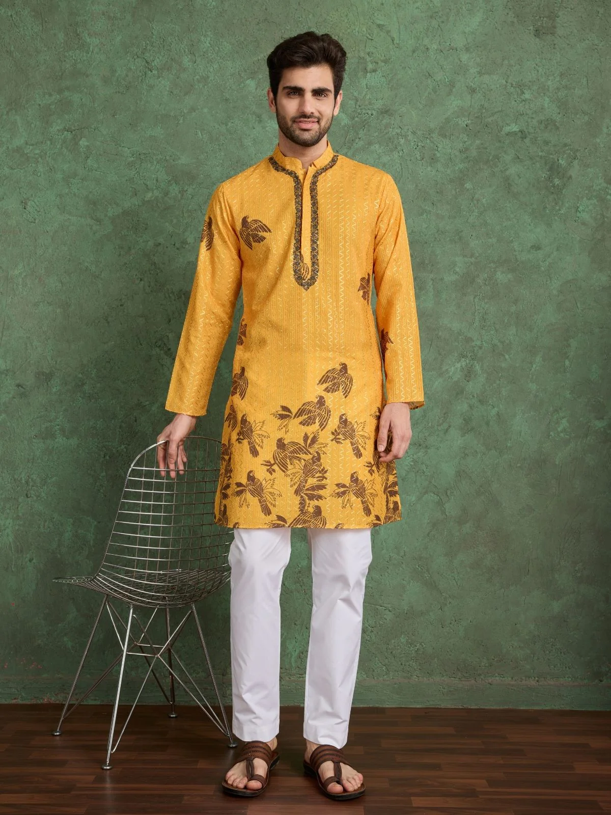 Odette Mustard Rayon Printed and Embroidered Stitched Kurta For Men - Image 3