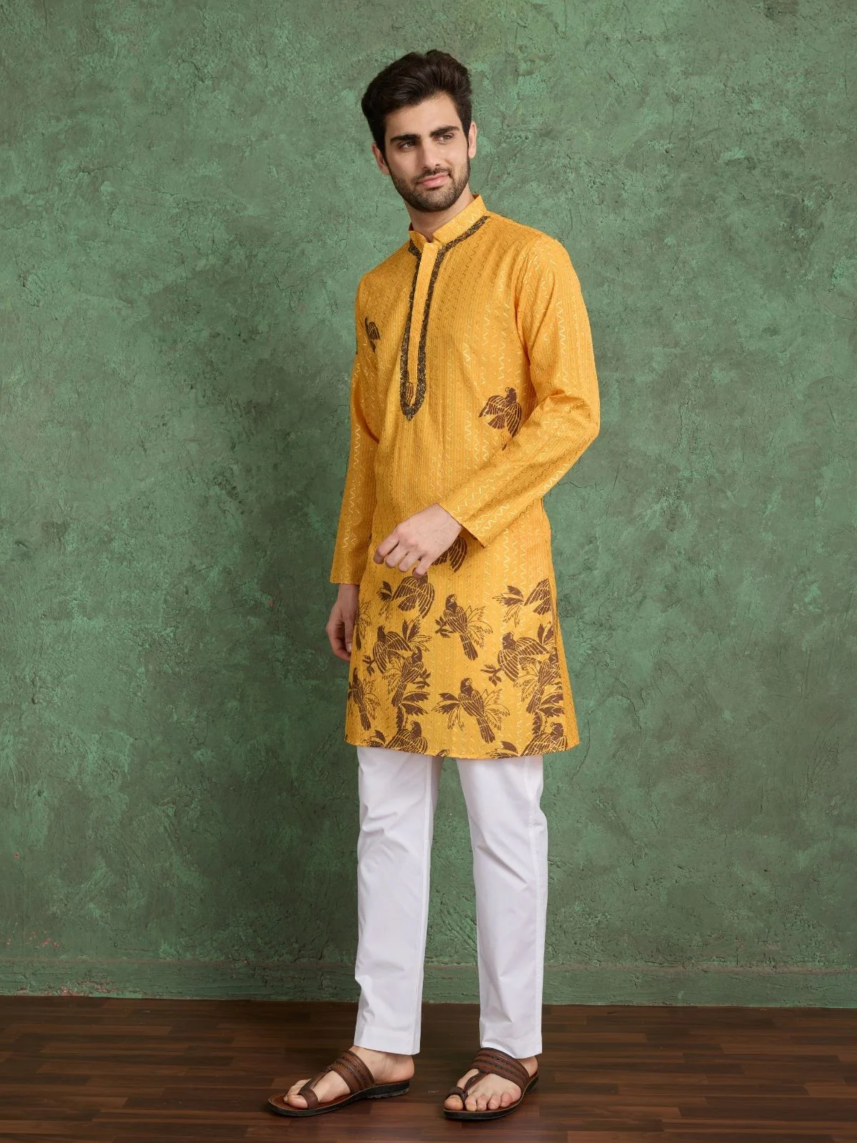 Odette Mustard Rayon Printed and Embroidered Stitched Kurta For Men - Image 4