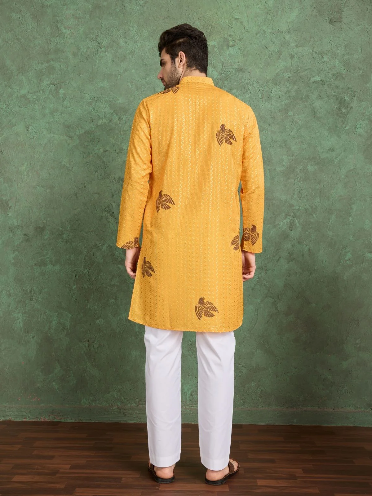 Odette Mustard Rayon Printed and Embroidered Stitched Kurta For Men - Image 5