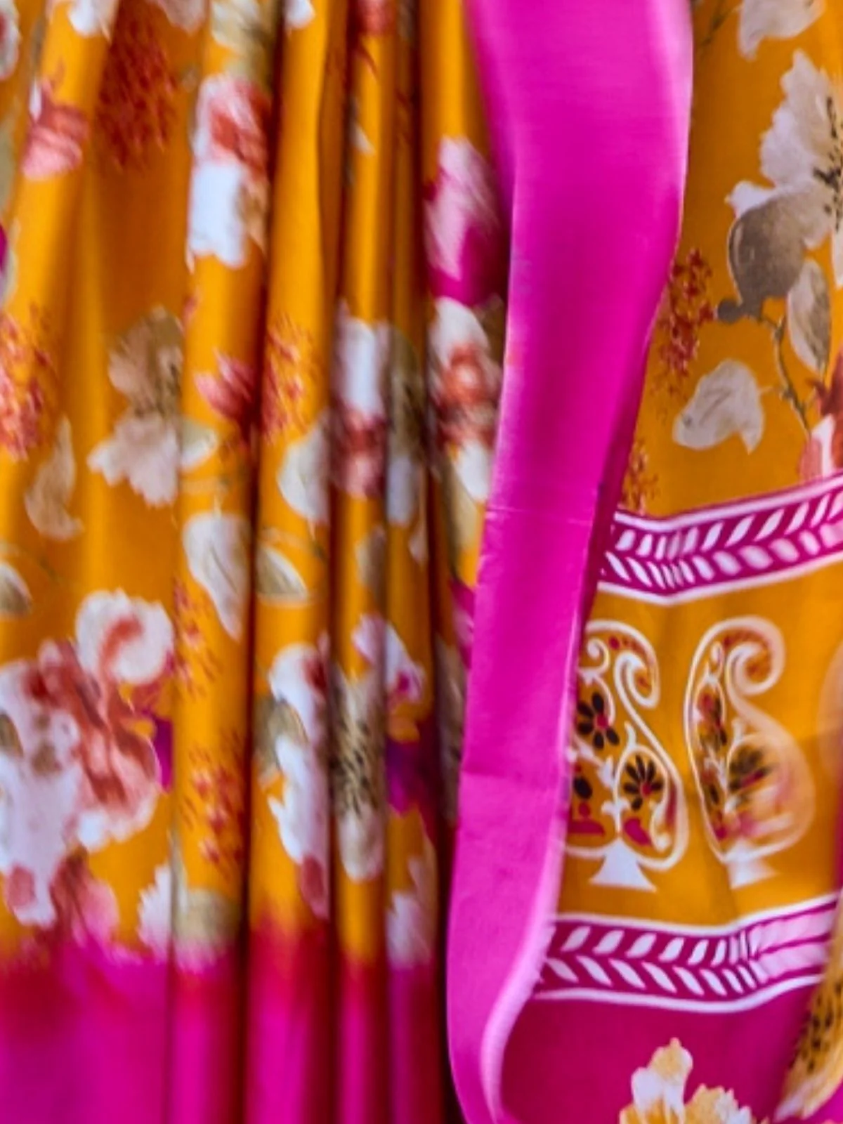 Odette Mustard Satin Printed Saree With Unstitched Blouse For Women - Image 3