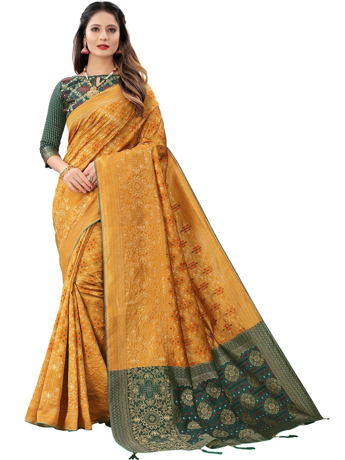 Odette Mustard Silk Blend Embellished Saree For Women