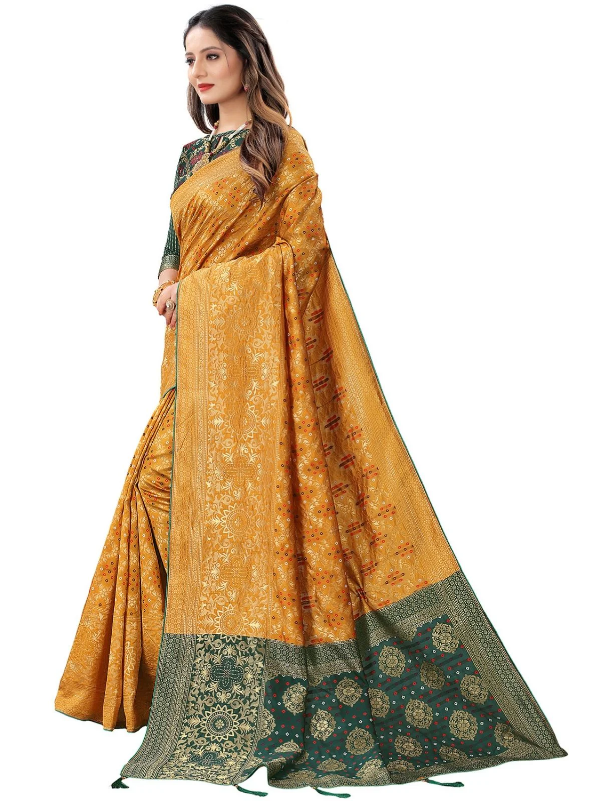 Odette Mustard Silk Blend Embellished Saree For Women - Image 2