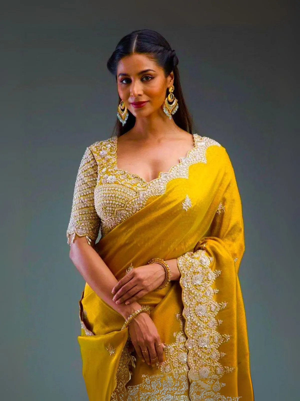 Odette Mustard Silk Blend Embroidered Elegant Saree For Women - Image 3