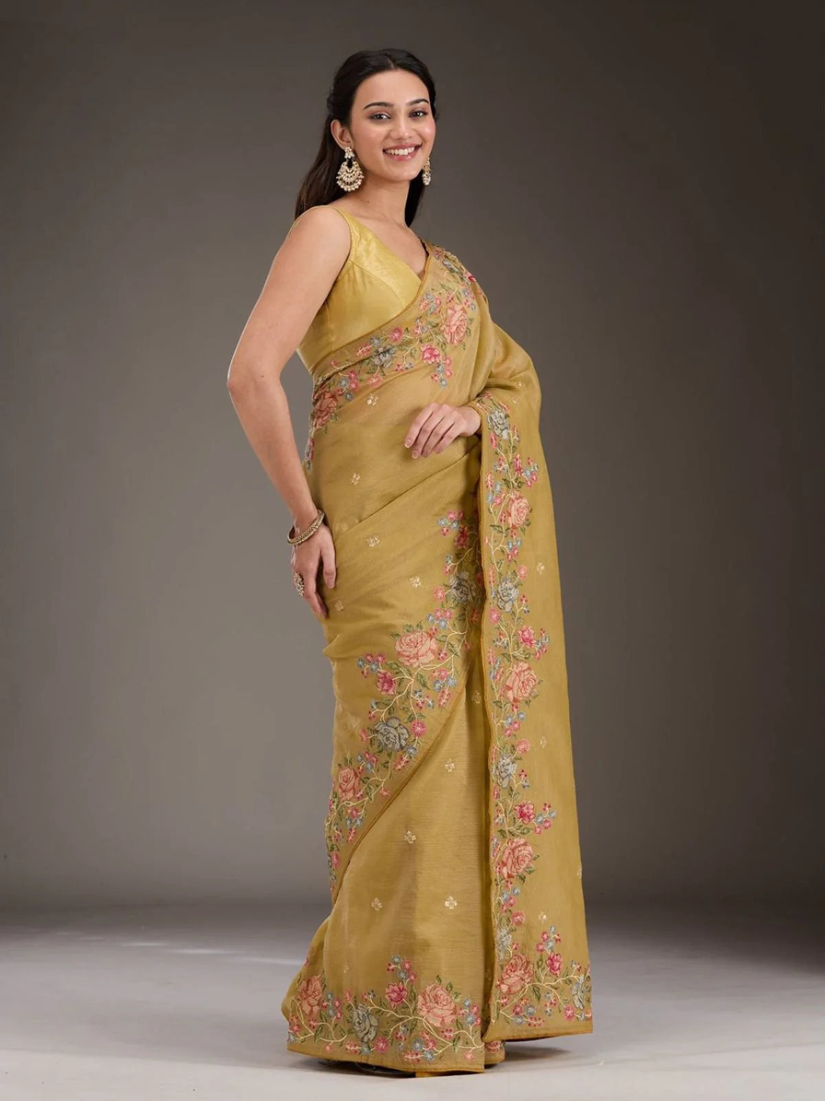 Odette Mustard Silk Blend Crush Embroidered Saree For Women