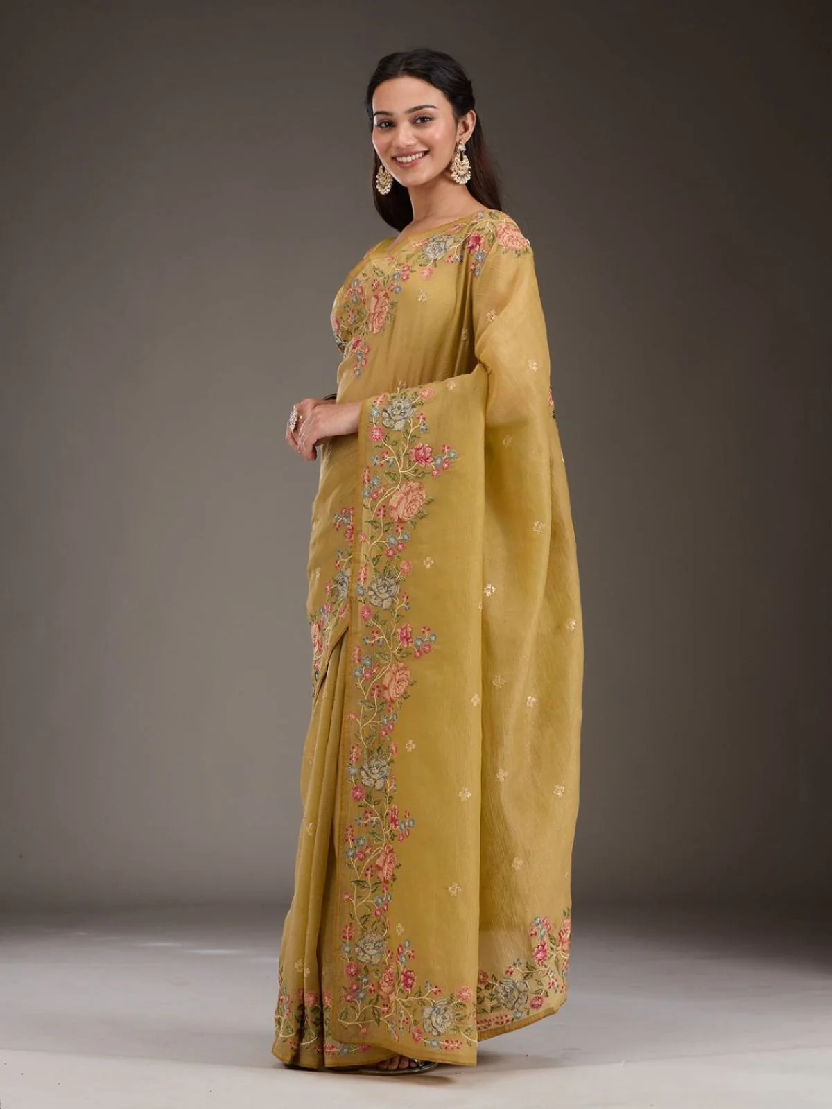 Odette Mustard Silk Blend Crush Embroidered Saree For Women - Image 2