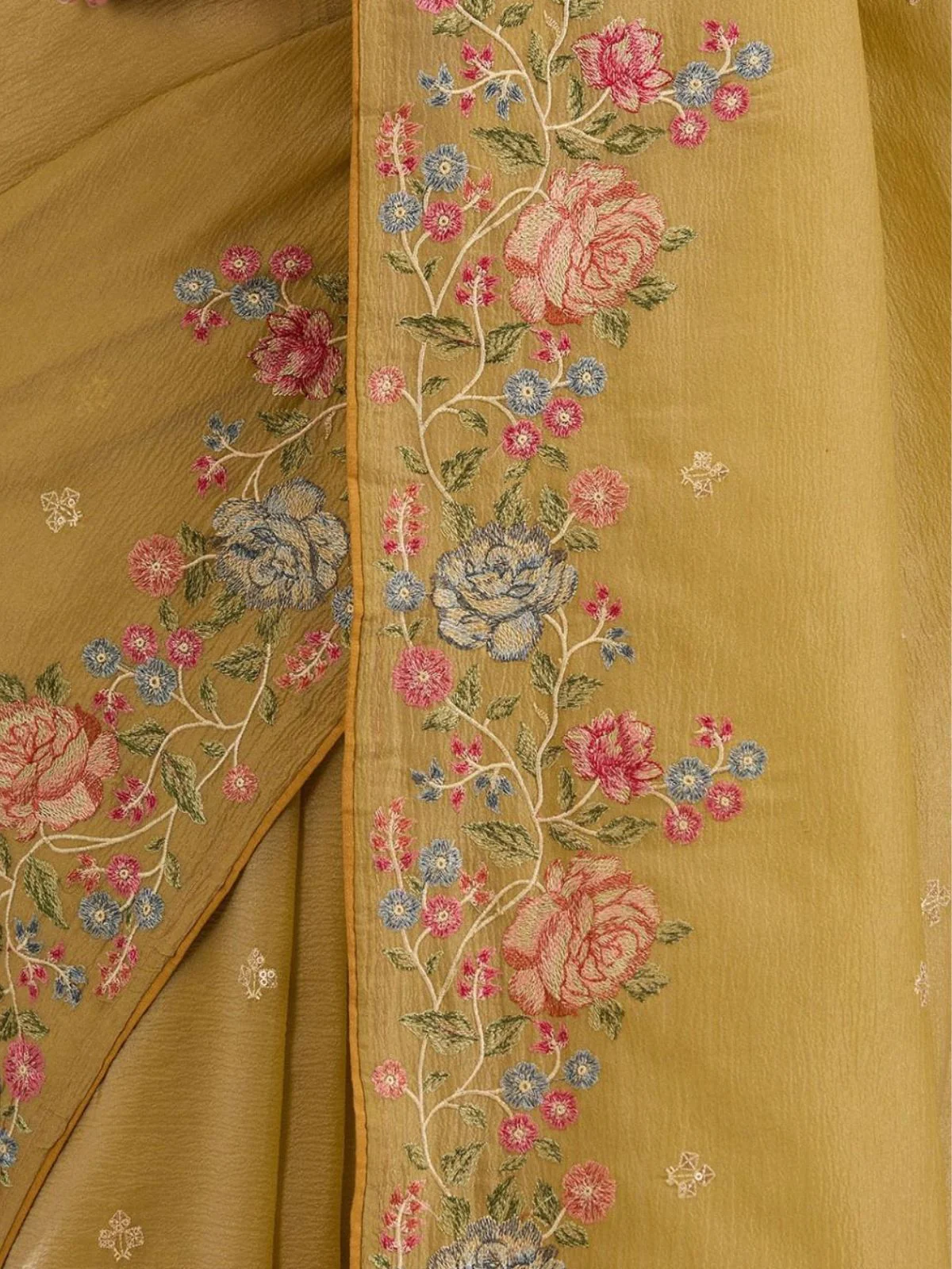 Odette Mustard Silk Blend Crush Embroidered Saree For Women - Image 5